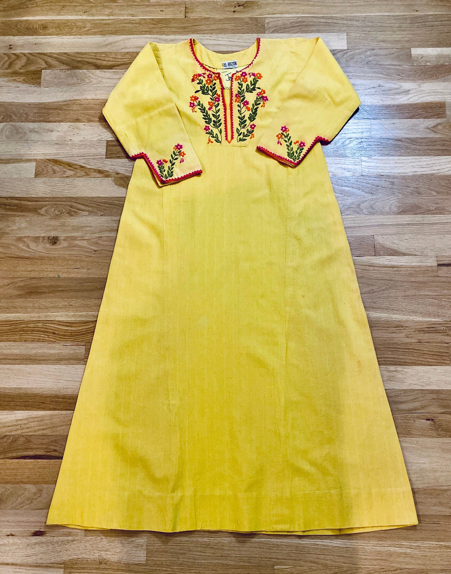70s Josefa Ibarra Yellow Organic Cotton Embroidered Boho Hippie Caftan Small Medium
