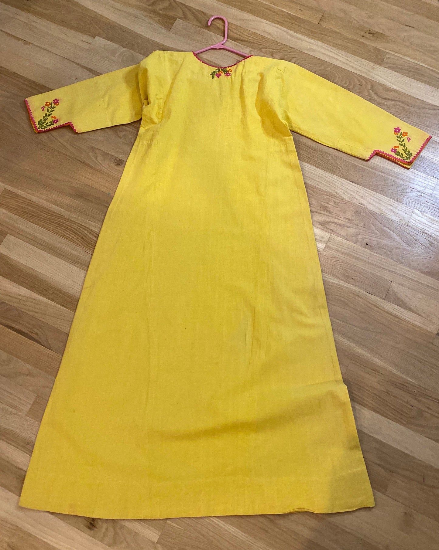 70s Josefa Ibarra Yellow Organic Cotton Embroidered Boho Hippie Caftan Small Medium