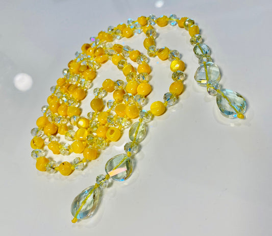 Glamorous Hand Knotted Yellow Crystal Look Lariat Long Necklace Estate Jewelry