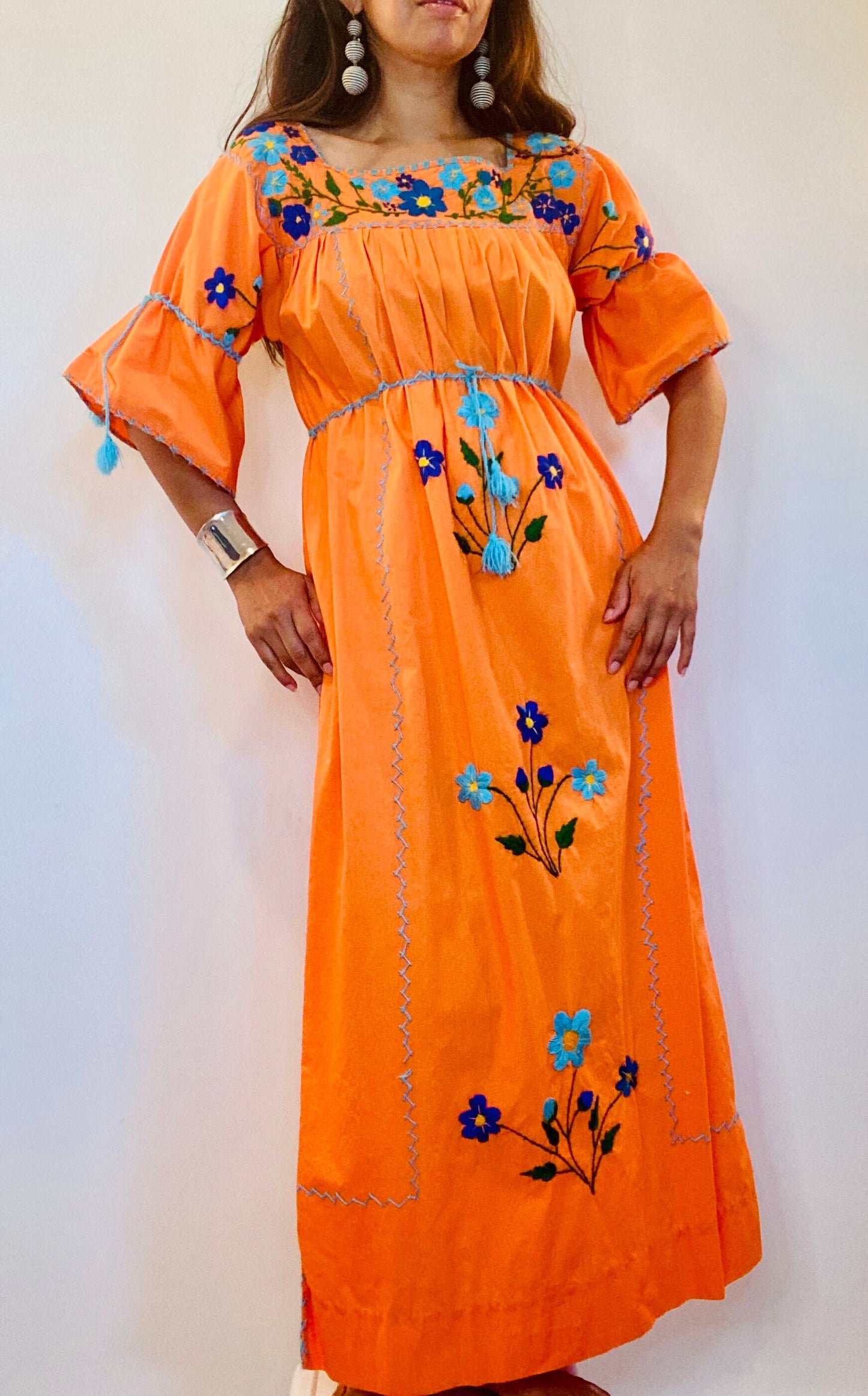 70s Orange Traditional Mexican Cotton Embroidered Maxi Caftan Dress Bell Sleeves