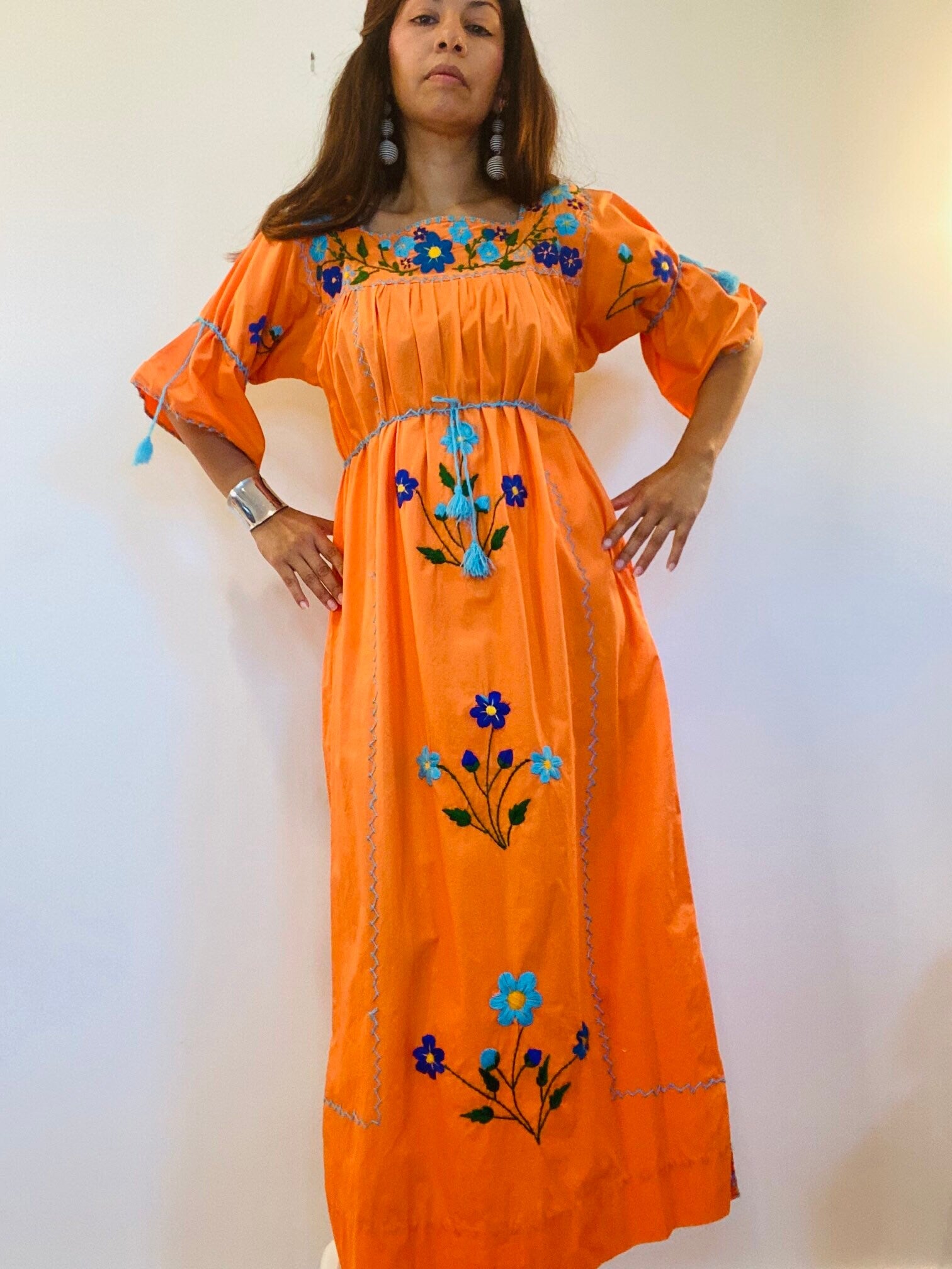 70s Orange Traditional Mexican Cotton Embroidered Maxi Caftan Dress Bell Sleeves