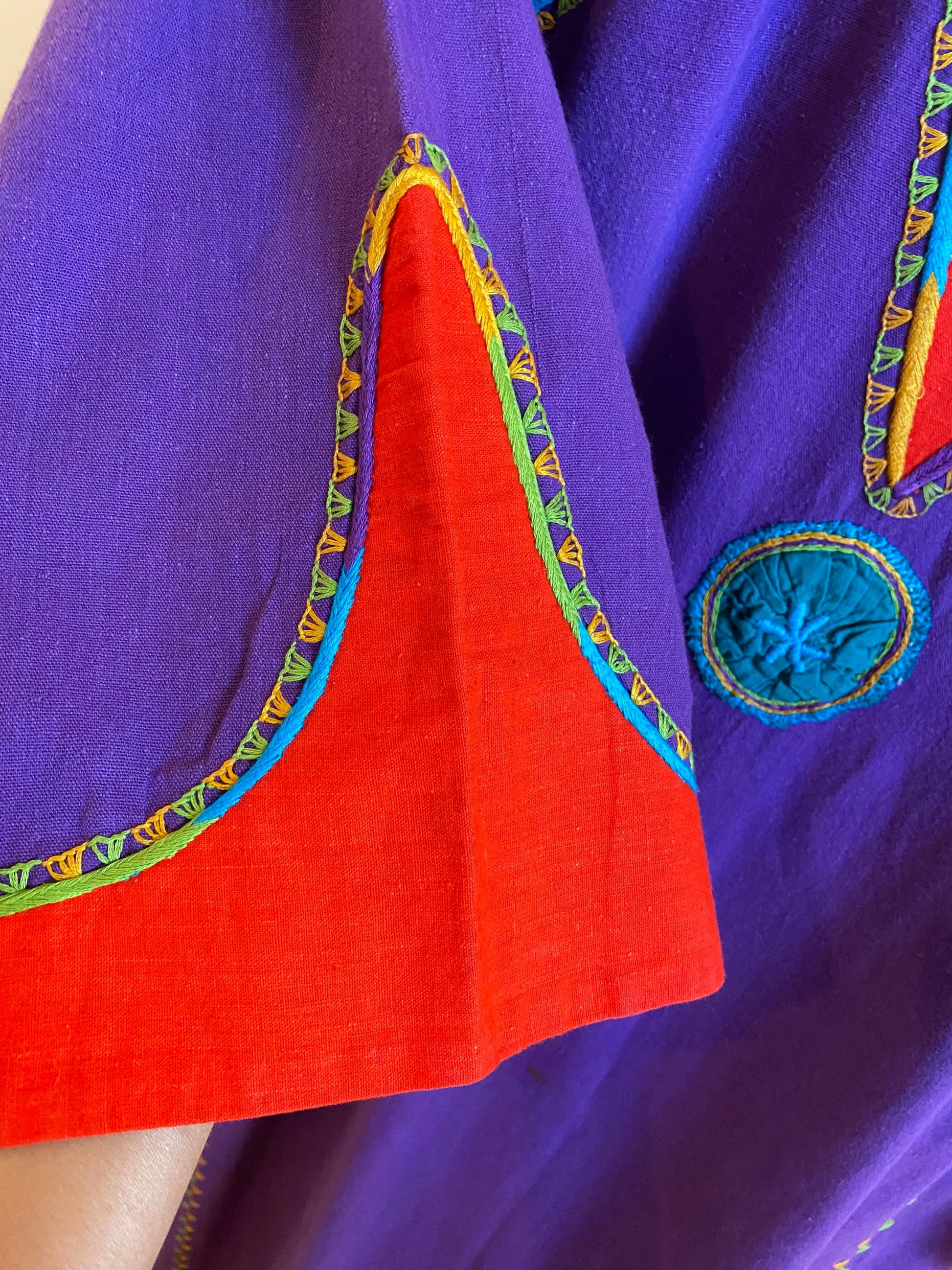 70s Josefa Ibarra Mexican Long Sleeves Purple Organic Cotton Embroidered Long Unisex Maxi Caftan Dress Bell Sleeves