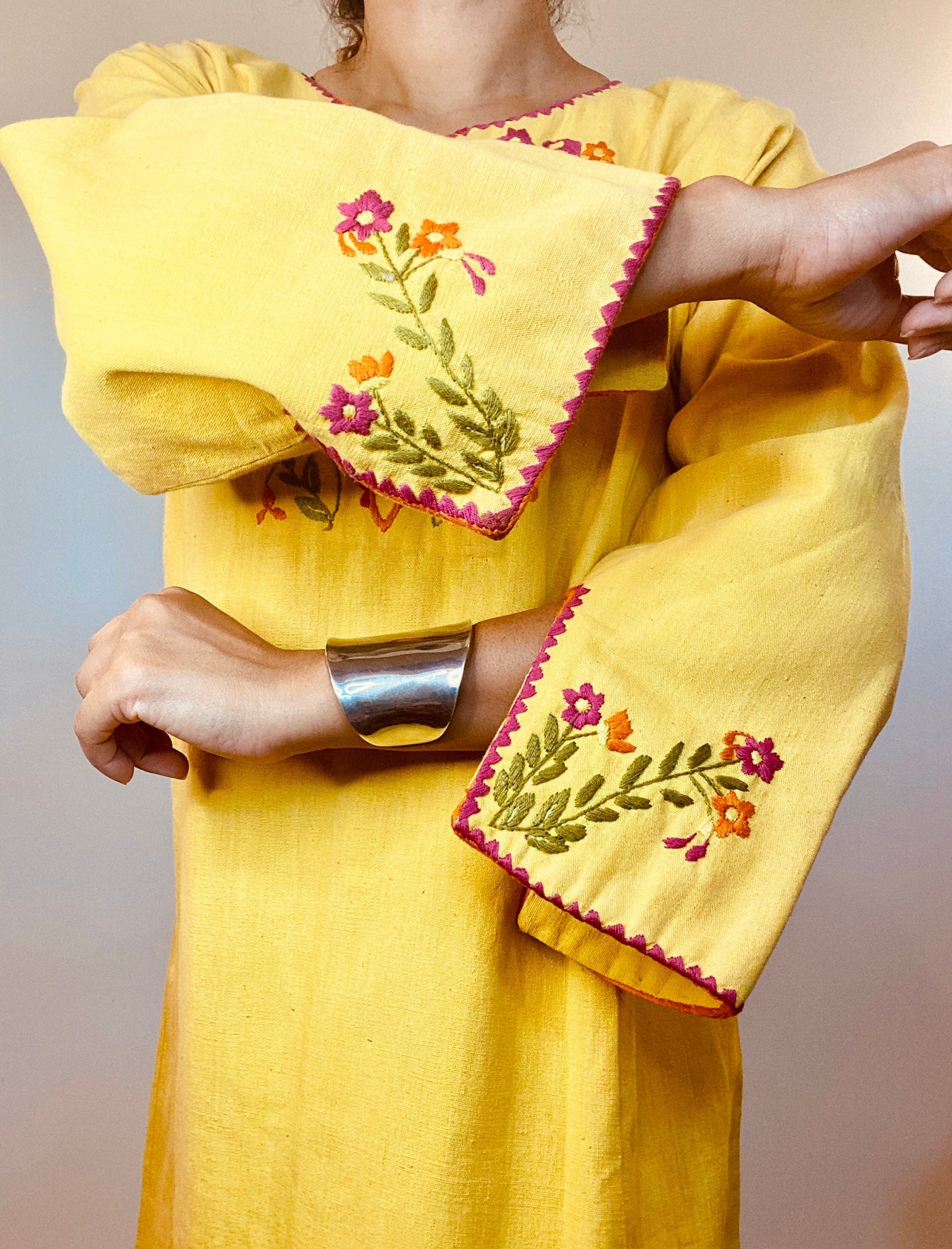 70s Josefa Ibarra Yellow Organic Cotton Embroidered Boho Hippie Caftan Small Medium