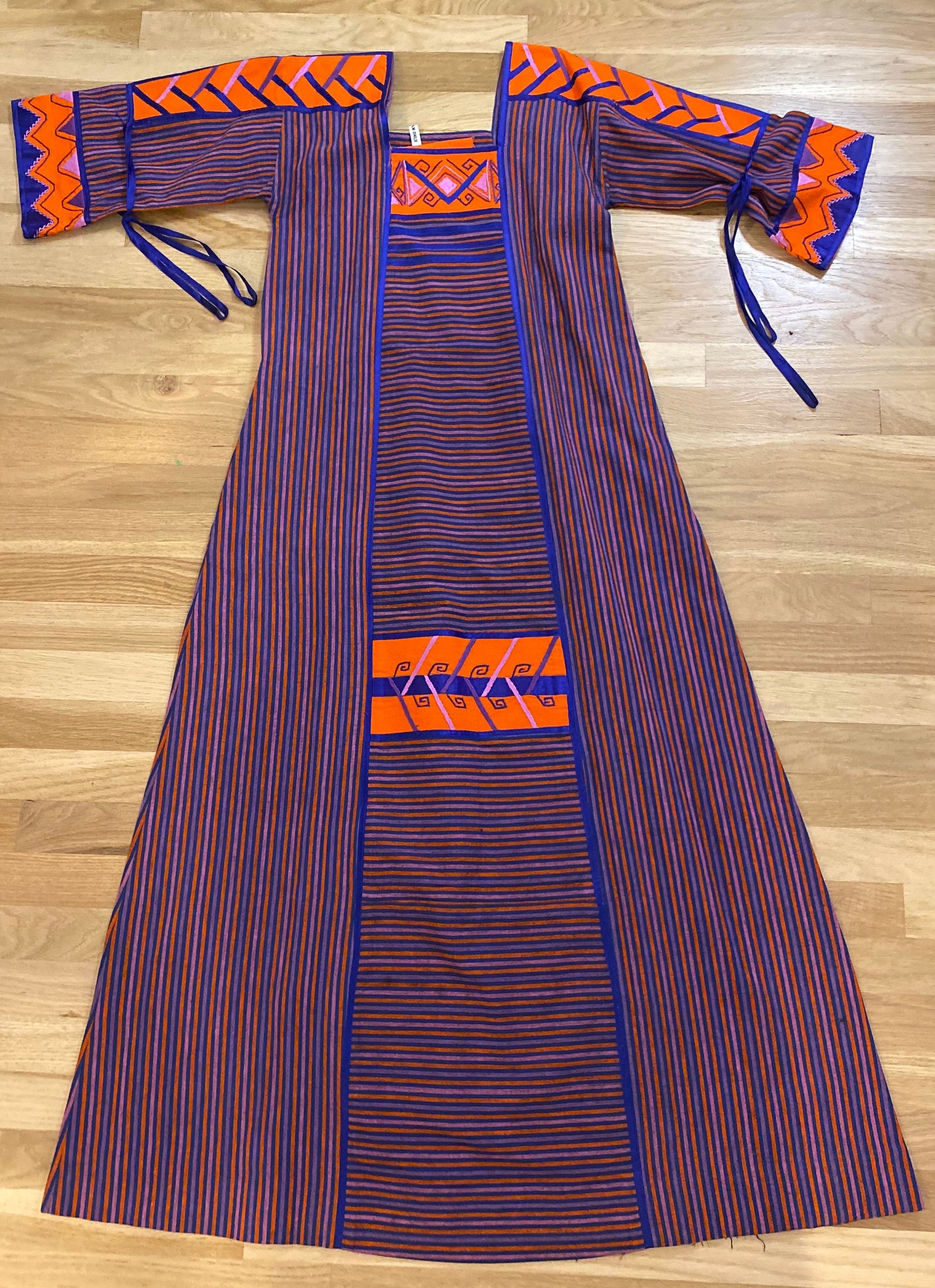 70s Josefa Ibarra Cotton Stripe Maxi Boho Hippie Caftan Bell Sleeves Pockets