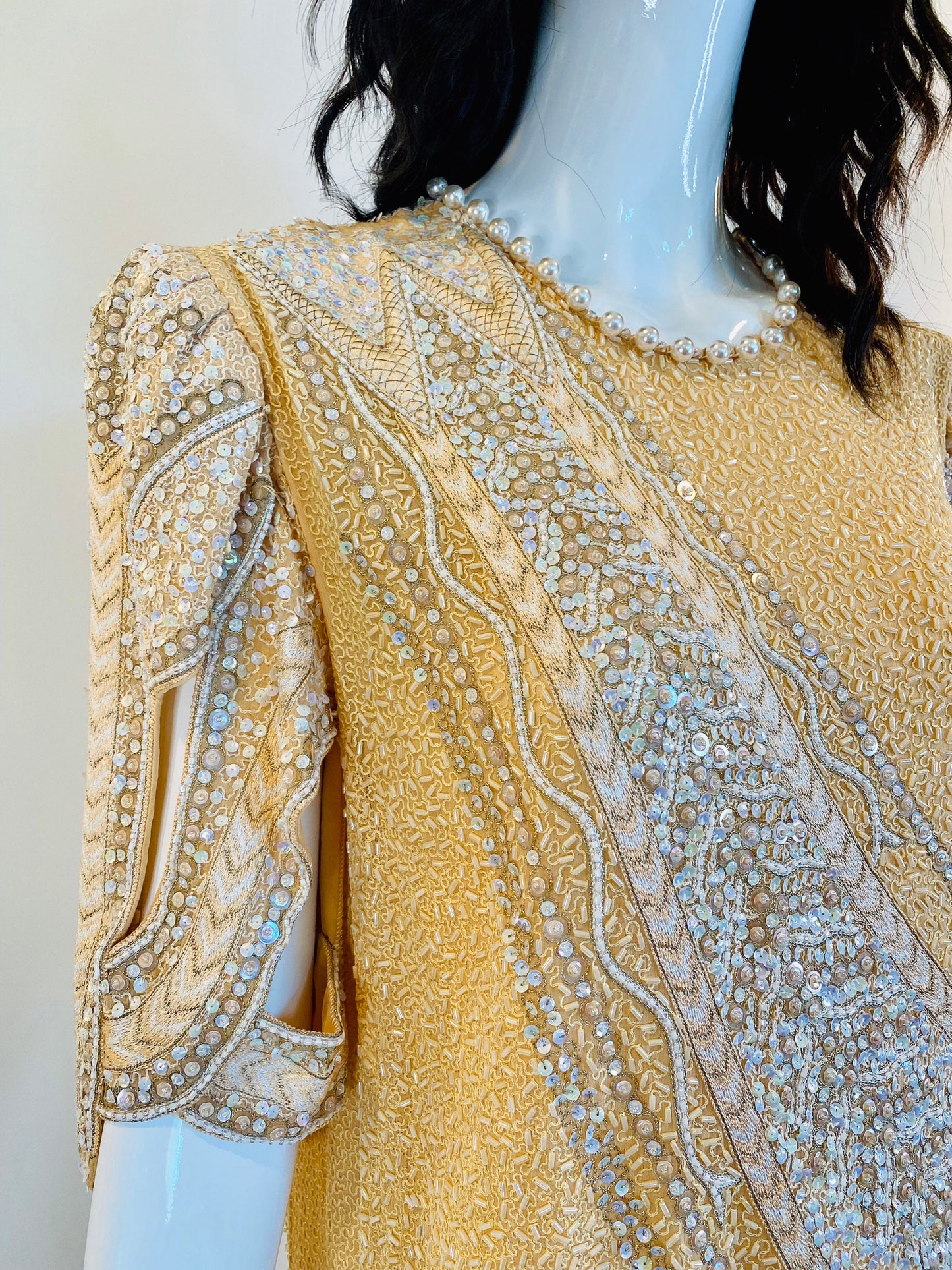 80s Zandra Rhodes Cream Ivory Fully Beaded and Embroidered Cut Out Dramatic Sleeves Punk 20s Style Drop Waist Dress NWT Neiman Marcus