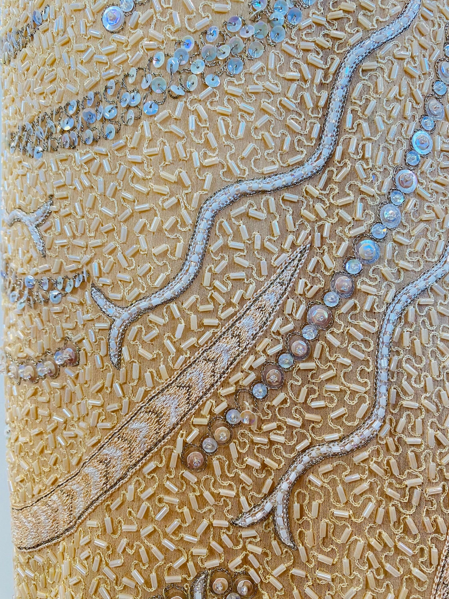 80s Zandra Rhodes Cream Ivory Fully Beaded and Embroidered Cut Out Dramatic Sleeves Punk 20s Style Drop Waist Dress NWT Neiman Marcus