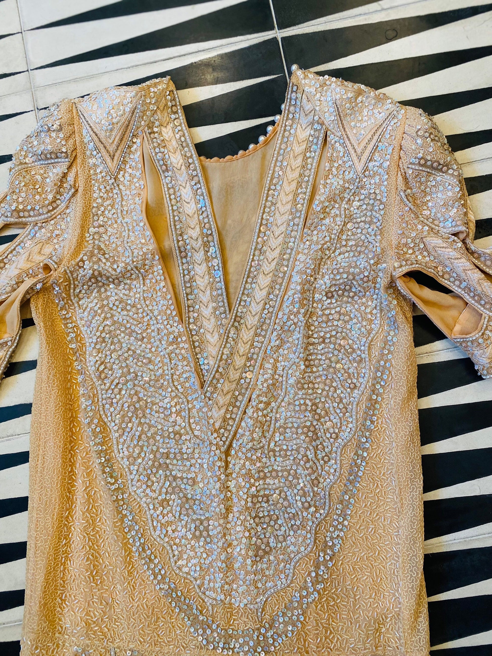 80s Zandra Rhodes Cream Ivory Fully Beaded and Embroidered Cut Out Dramatic Sleeves Punk 20s Style Drop Waist Dress NWT Neiman Marcus