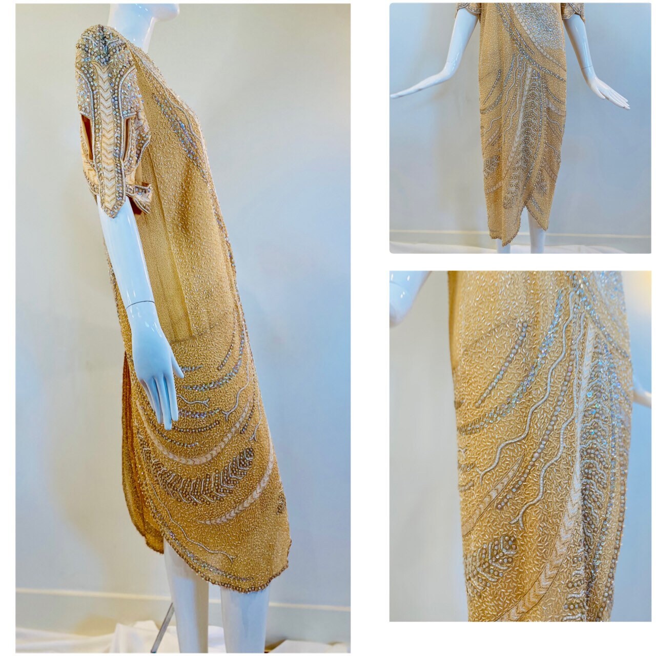 80s Zandra Rhodes Cream Ivory Fully Beaded and Embroidered Cut Out Dramatic Sleeves Punk 20s Style Drop Waist Dress NWT Neiman Marcus