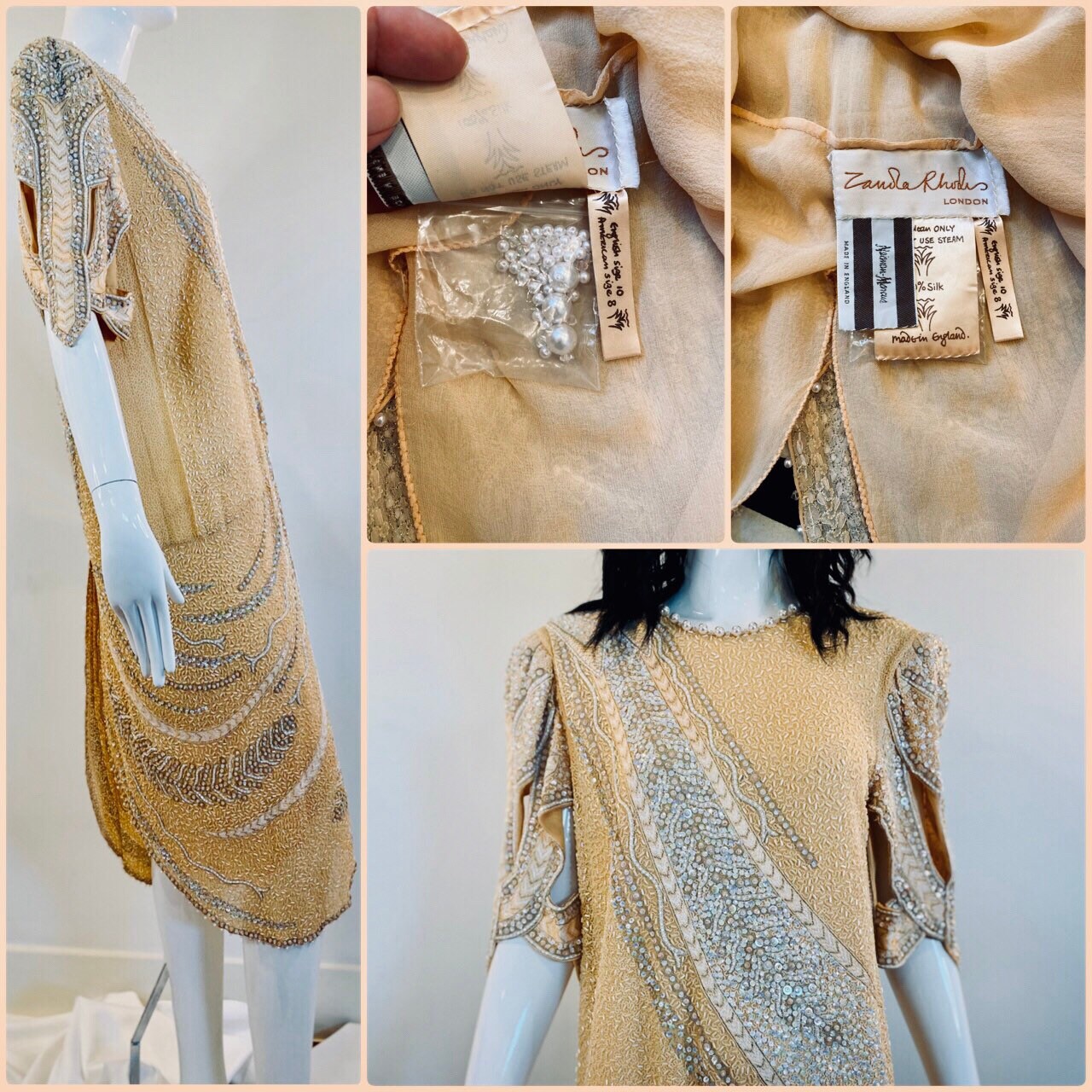 80s Zandra Rhodes Cream Ivory Fully Beaded and Embroidered Cut Out Dramatic Sleeves Punk 20s Style Drop Waist Dress NWT Neiman Marcus