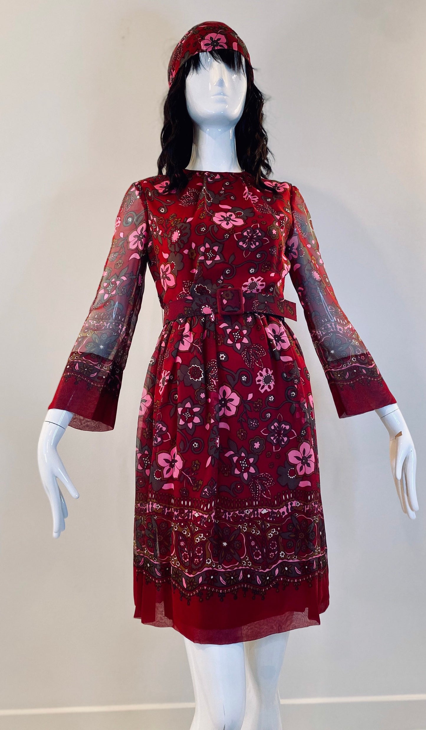 60s Adele Simpson Flower Power Chiffon Angel Sleeves Above The Knee Dress with Belts and Sash Ensemble