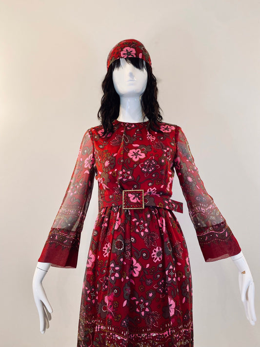 60s Adele Simpson Flower Power Chiffon Angel Sleeves Above The Knee Dress with Belts and Sash Ensemble