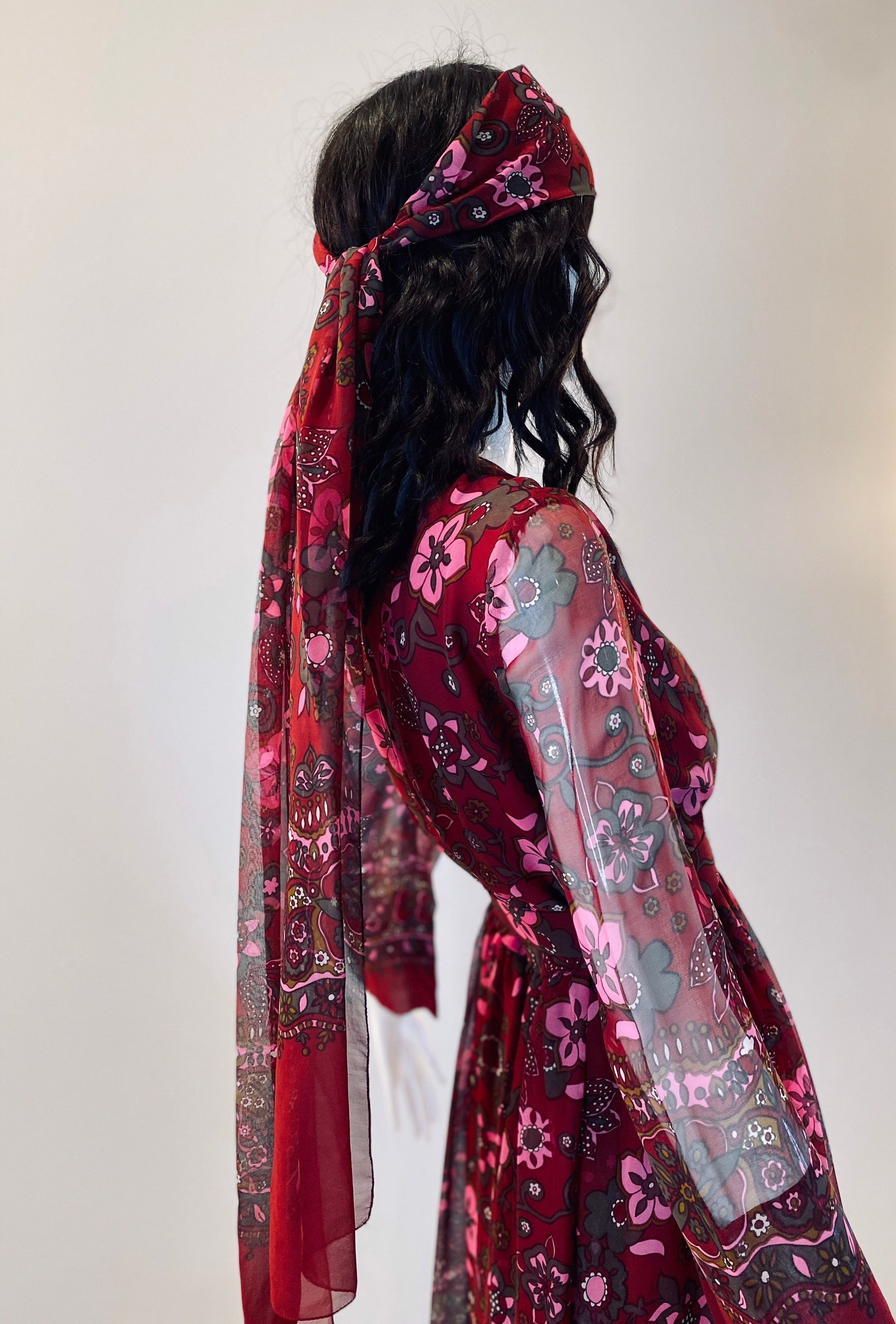 60s Adele Simpson Flower Power Chiffon Angel Sleeves Above The Knee Dress with Belts and Sash Ensemble