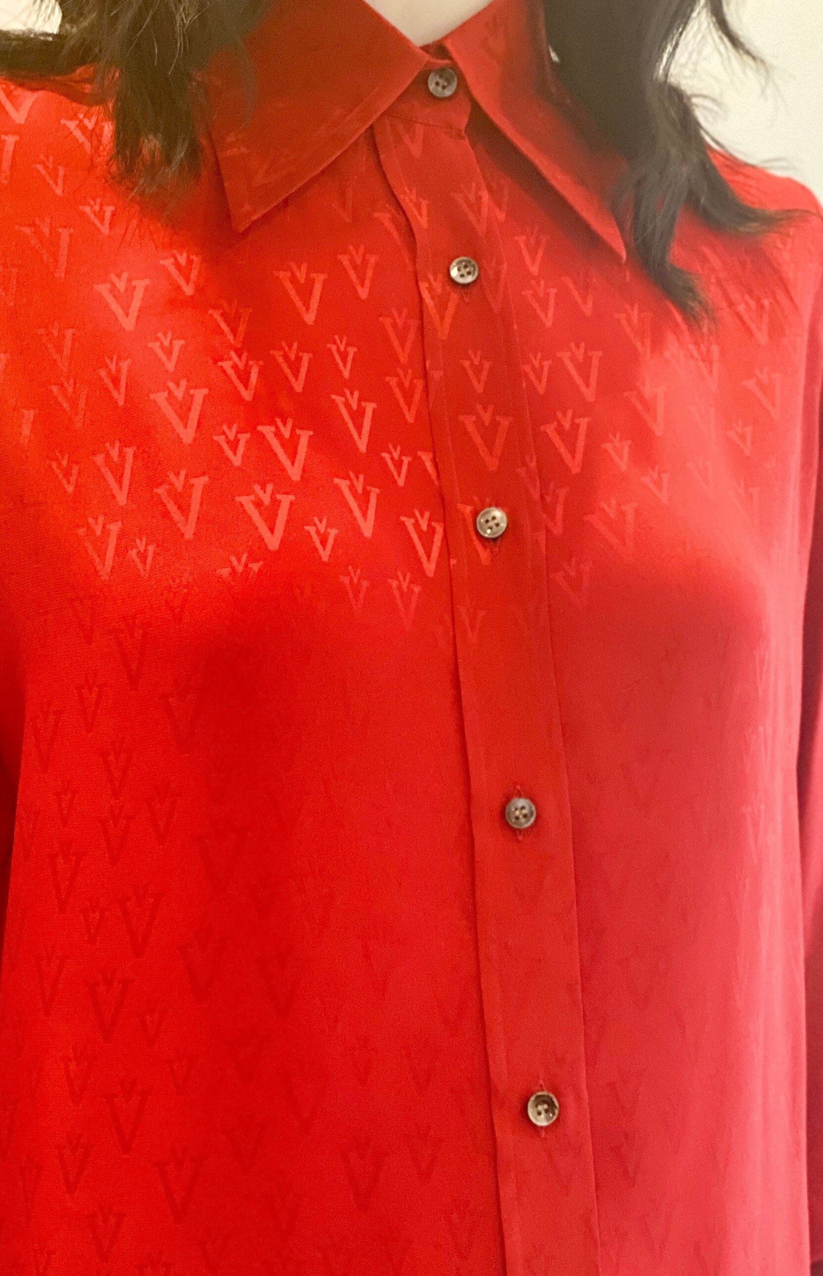 70s Valentino Red Silk Butterfly Collar Balloon Sleeves Blouse / Vintage Valentino Red Logo Puffy Sleeves Blouse / Large