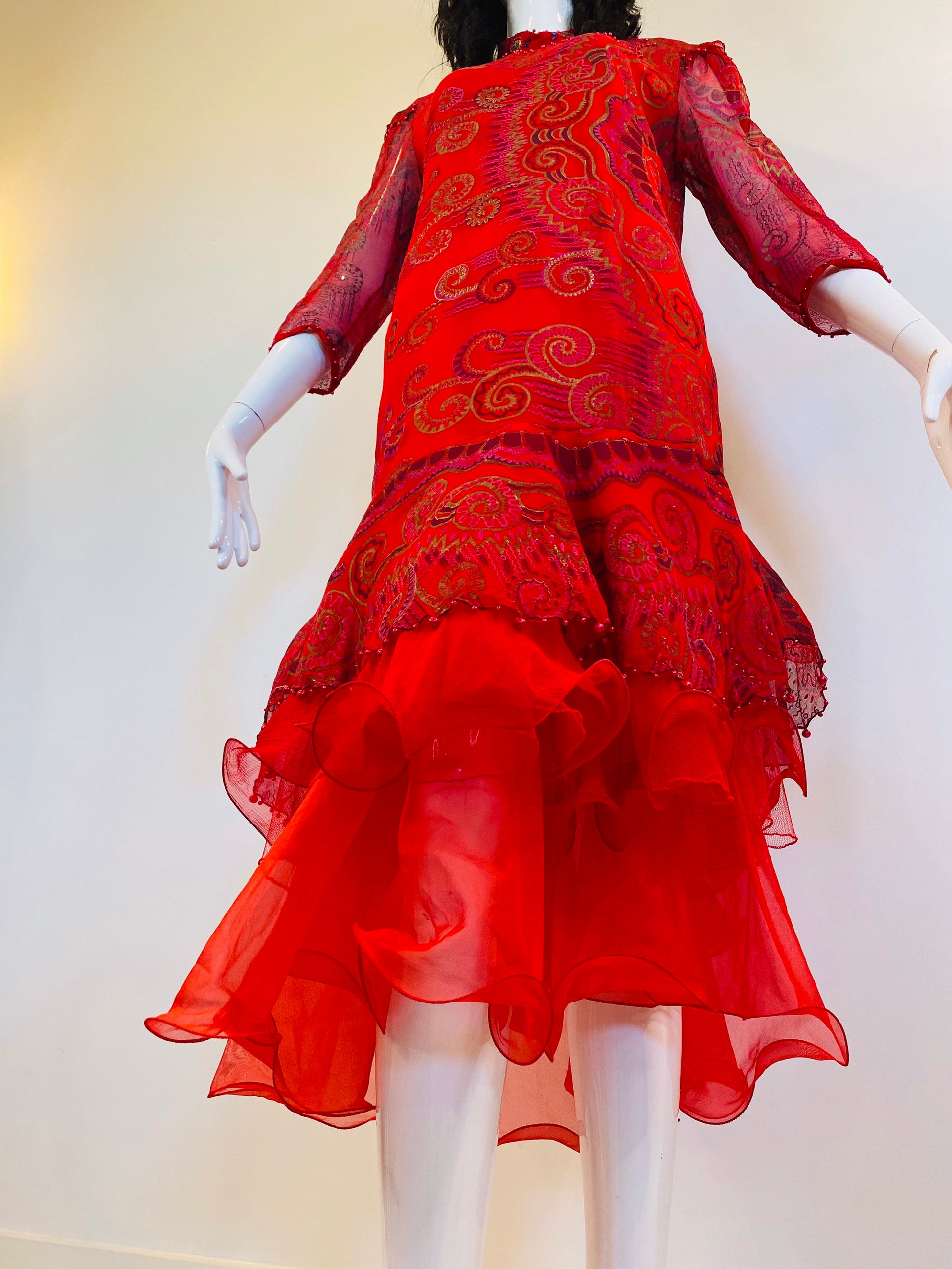 Vintage 80s Red Vibrant Zandra Rhodes Silk Tulle Party Dress Vintage Couture