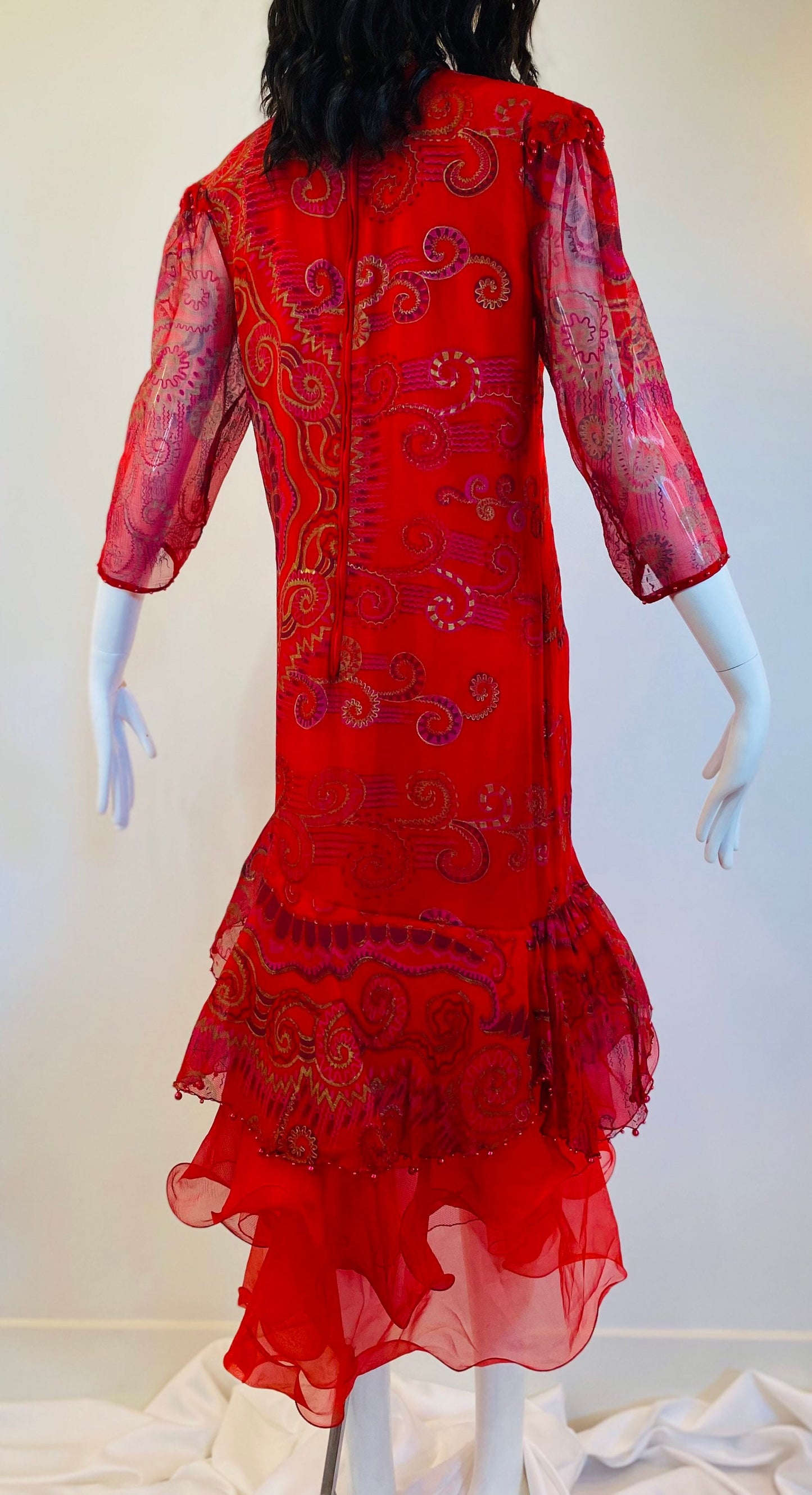 Vintage 80s Red Vibrant Zandra Rhodes Silk Tulle Party Dress Vintage Couture