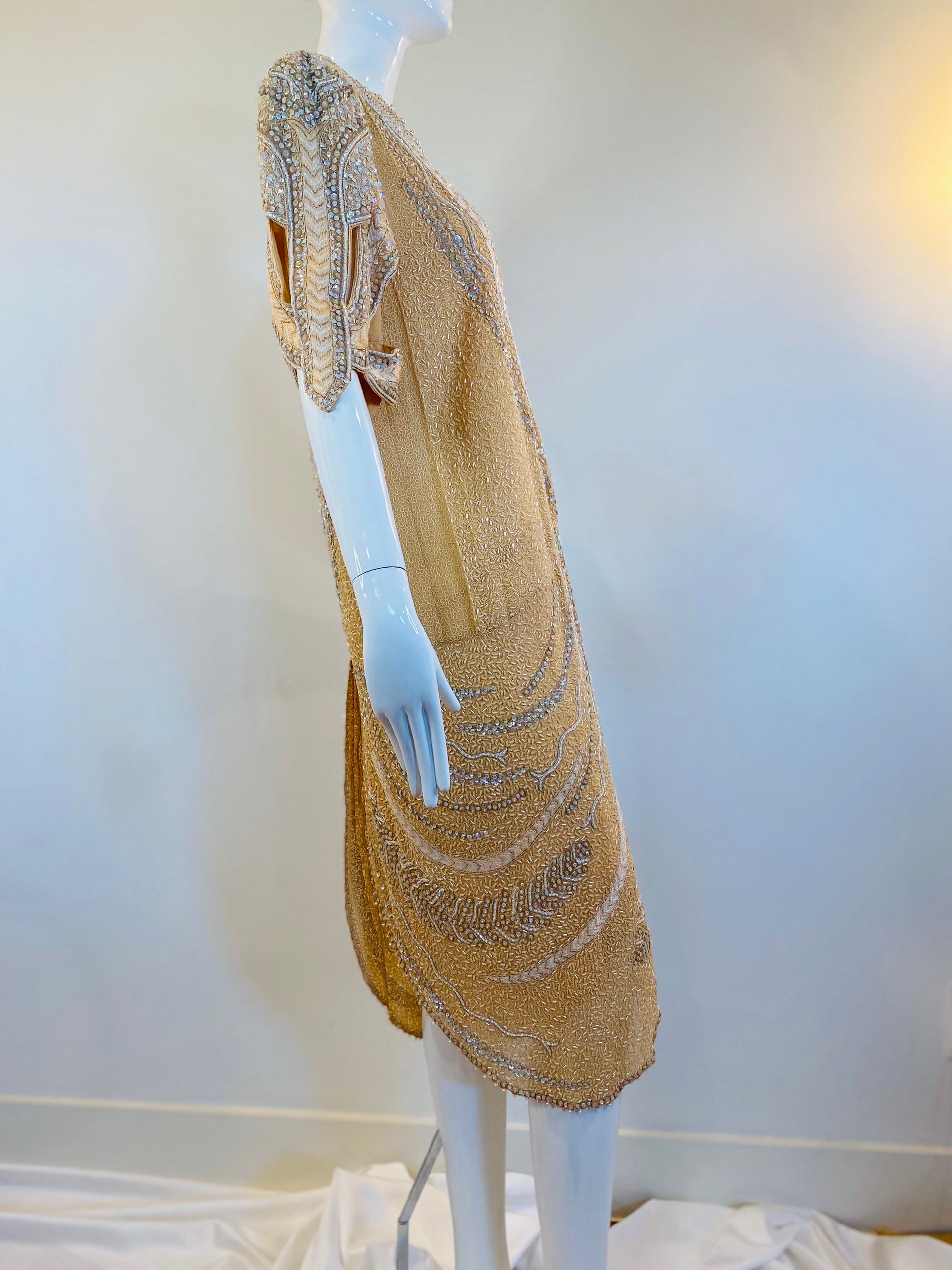 80s Zandra Rhodes Cream Ivory Fully Beaded and Embroidered Cut Out Dramatic Sleeves Punk 20s Style Drop Waist Dress NWT Neiman Marcus