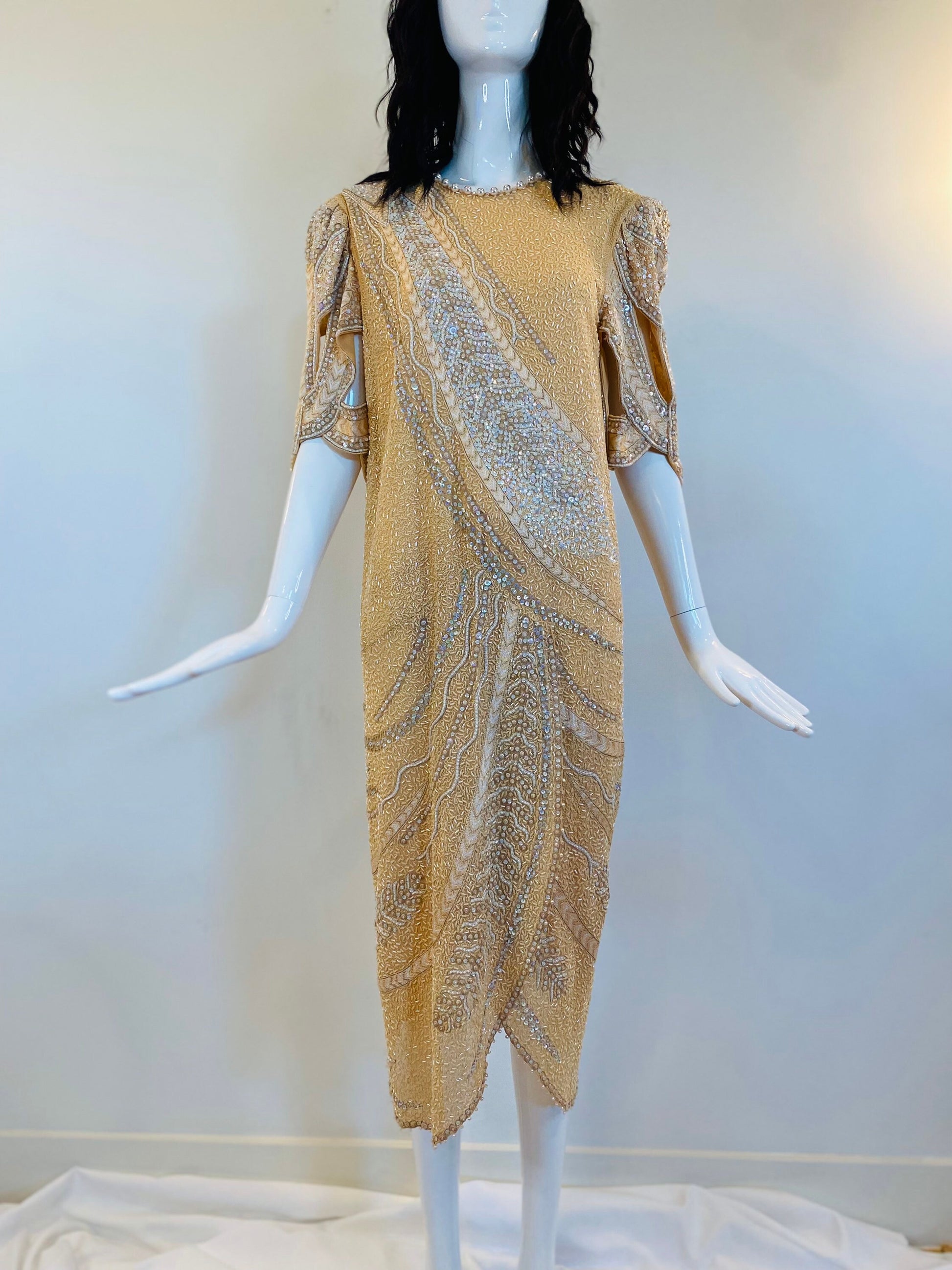 80s Zandra Rhodes Cream Ivory Fully Beaded and Embroidered Cut Out Dramatic Sleeves Punk 20s Style Drop Waist Dress NWT Neiman Marcus