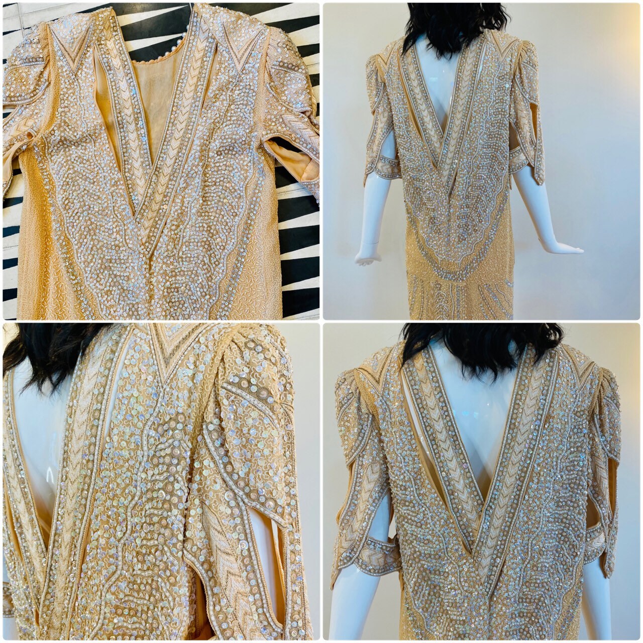 80s Zandra Rhodes Cream Ivory Fully Beaded and Embroidered Cut Out Dramatic Sleeves Punk 20s Style Drop Waist Dress NWT Neiman Marcus