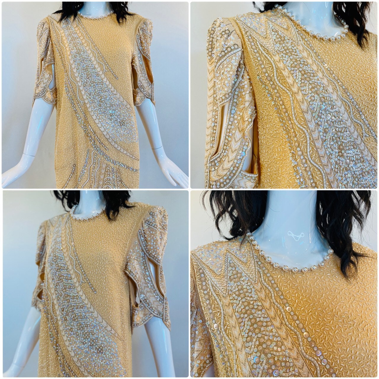 80s Zandra Rhodes Cream Ivory Fully Beaded and Embroidered Cut Out Dramatic Sleeves Punk 20s Style Drop Waist Dress NWT Neiman Marcus