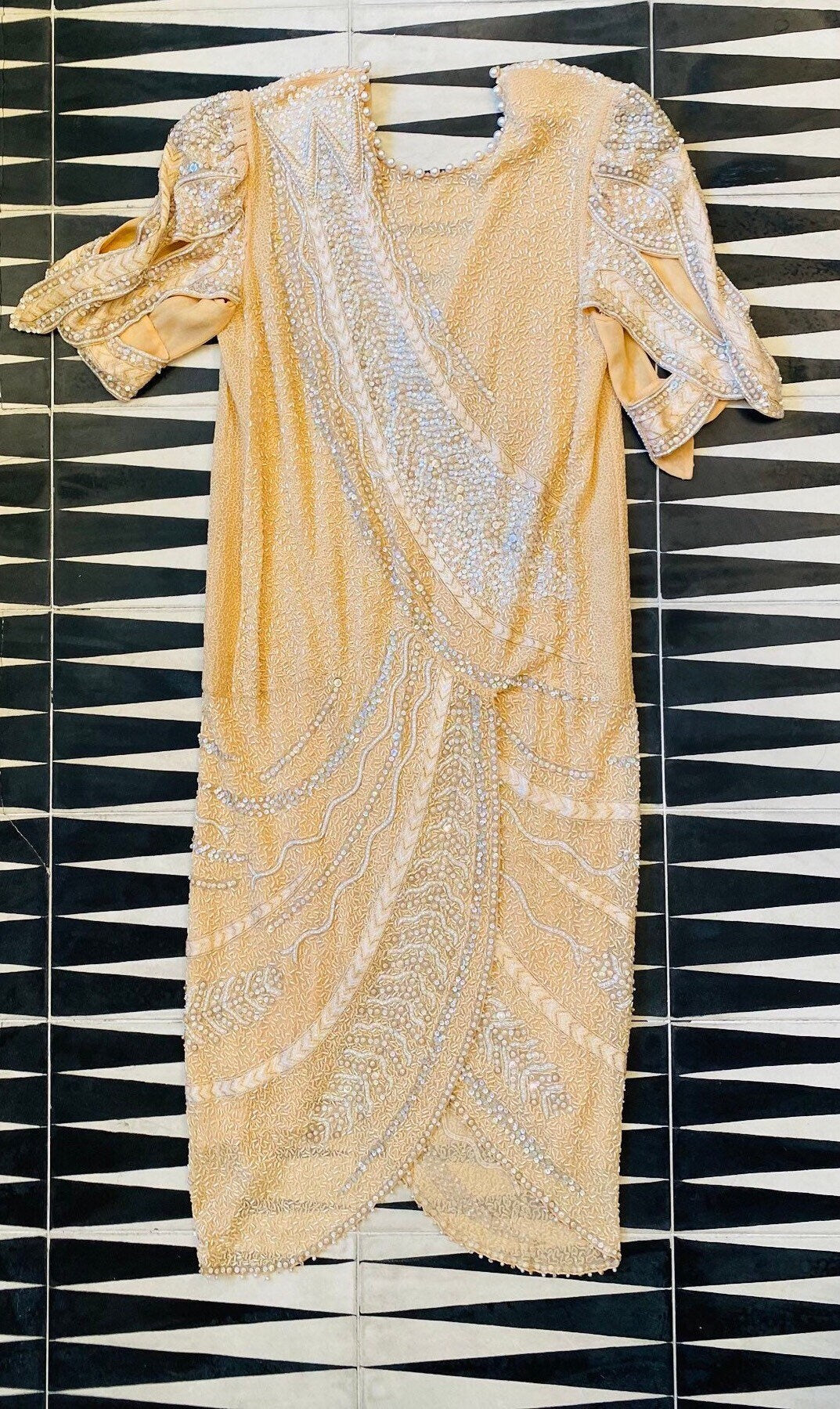 80s Zandra Rhodes Cream Ivory Fully Beaded and Embroidered Cut Out Dramatic Sleeves Punk 20s Style Drop Waist Dress NWT Neiman Marcus