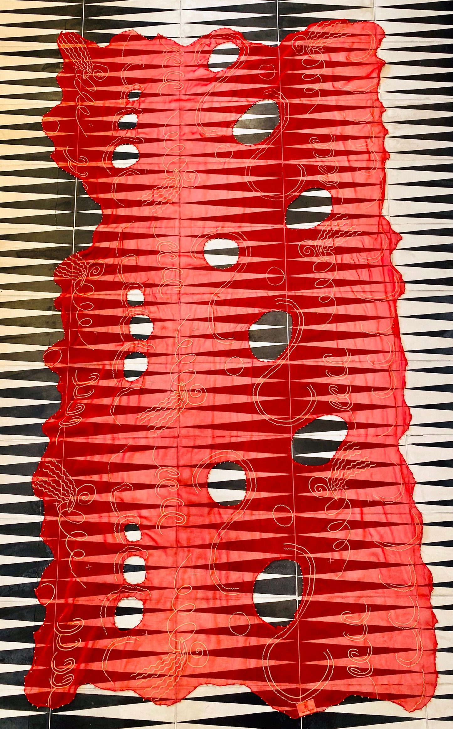 80s Zandra Rhodes Red "Lady Head" Print Punk Silk Shawl