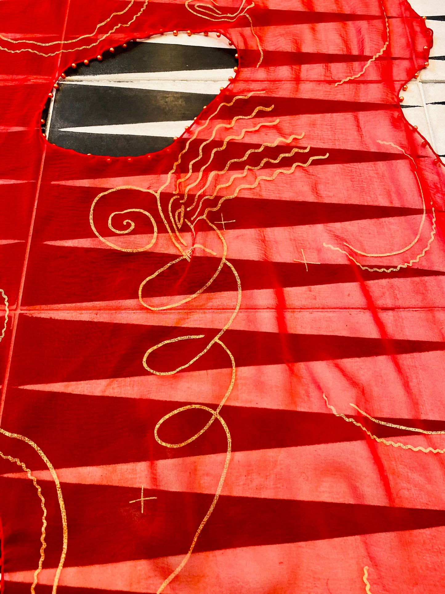 80s Zandra Rhodes Red "Lady Head" Print Punk Silk Shawl