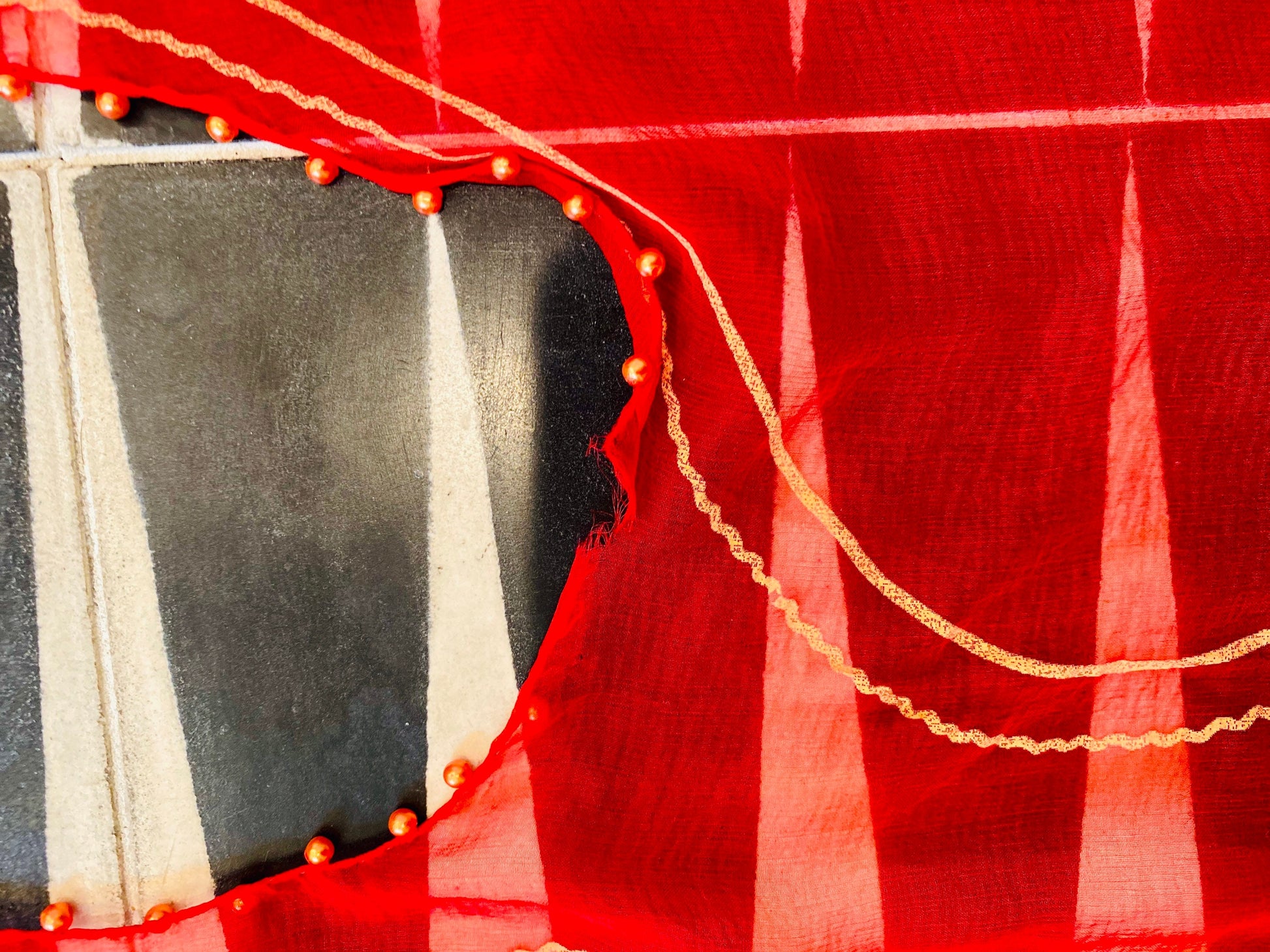 80s Zandra Rhodes Red "Lady Head" Print Punk Silk Shawl