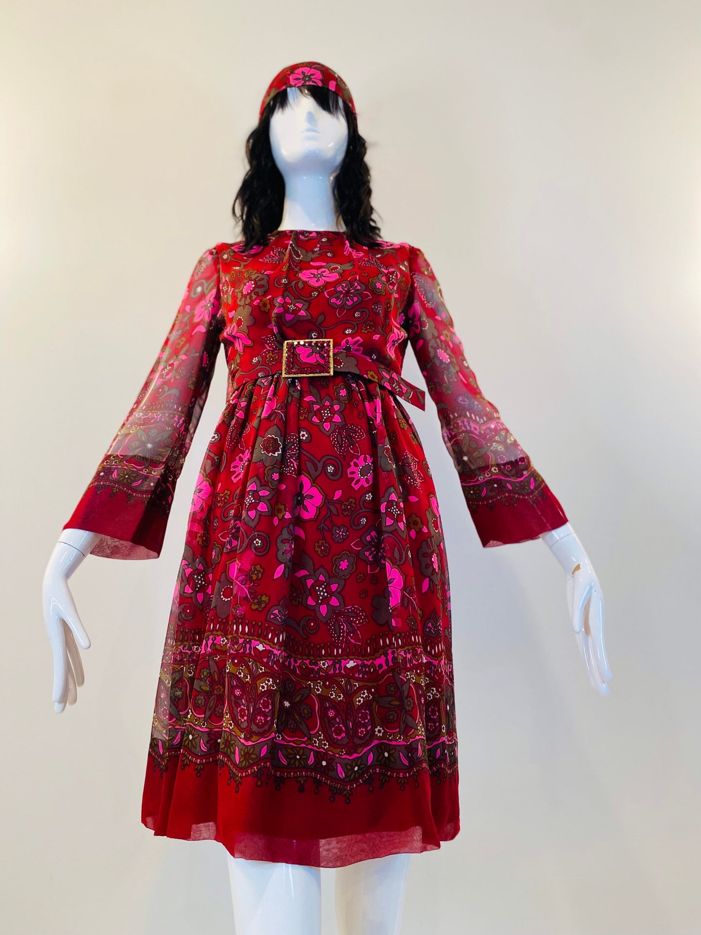 60s Adele Simpson Flower Power Chiffon Angel Sleeves Above The Knee Dress with Belts and Sash Ensemble