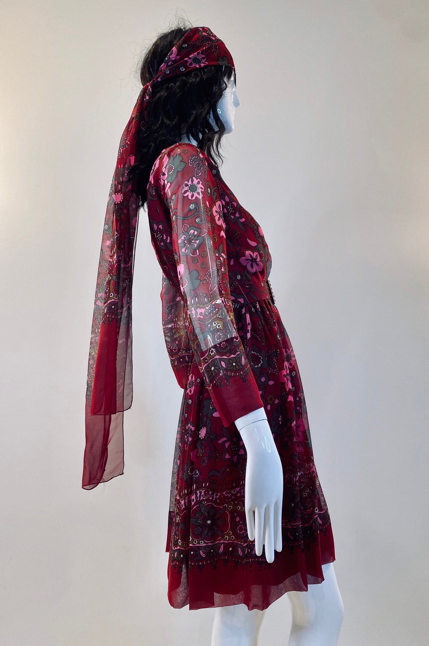 60s Adele Simpson Flower Power Chiffon Angel Sleeves Above The Knee Dress with Belts and Sash Ensemble