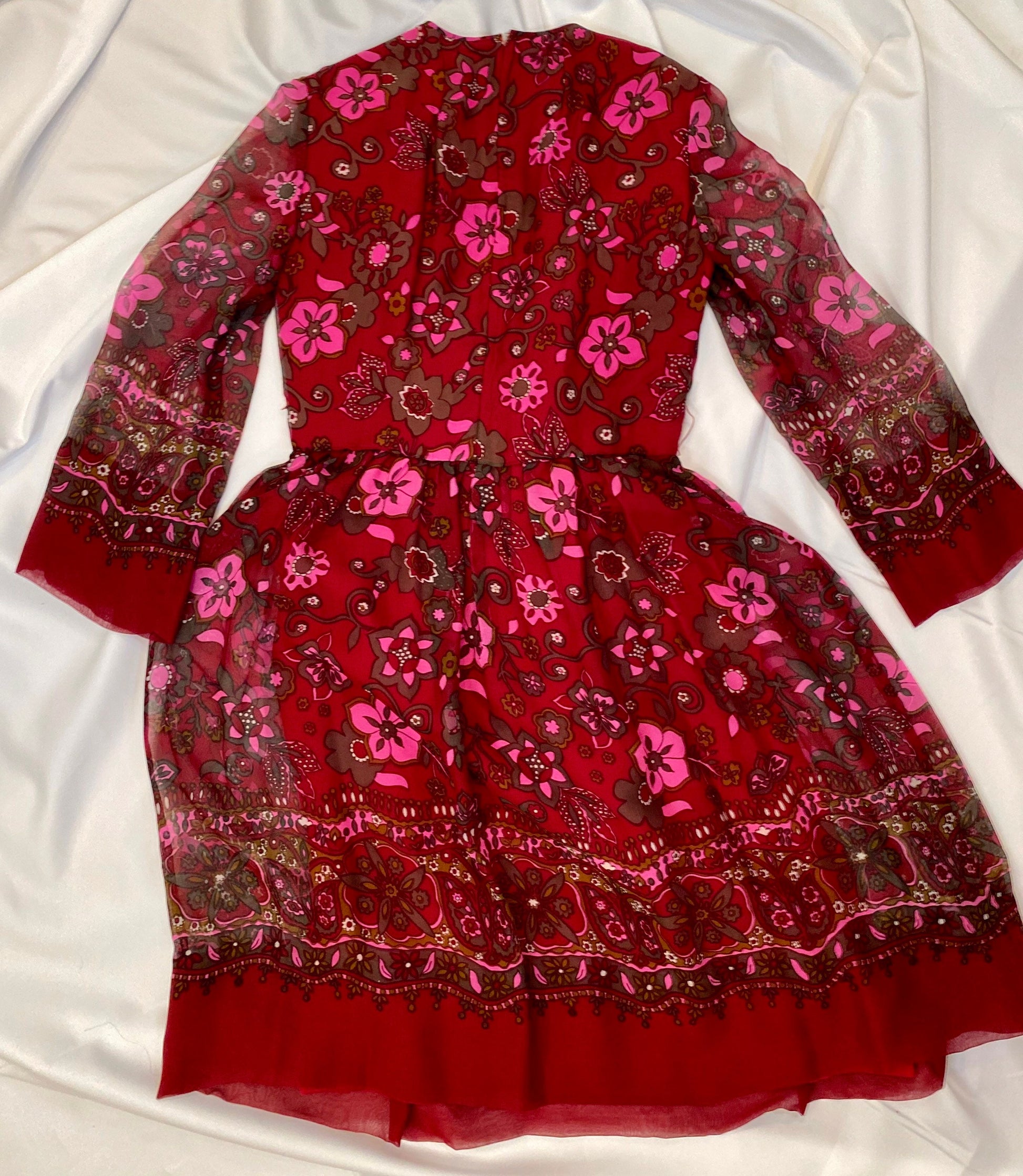 60s Adele Simpson Flower Power Chiffon Angel Sleeves Above The Knee Dress with Belts and Sash Ensemble