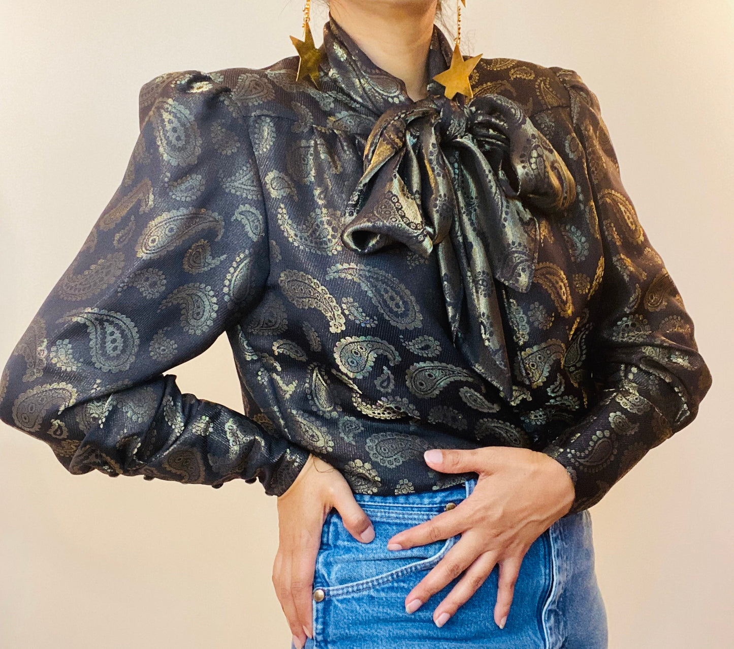 Vintage Nina RICCI Black and Gold Silk/Lurex Blend Brocade Paisley Print Blouse with Puffy Dramatic Sleeves Cuffs Bow Necktie Made in France