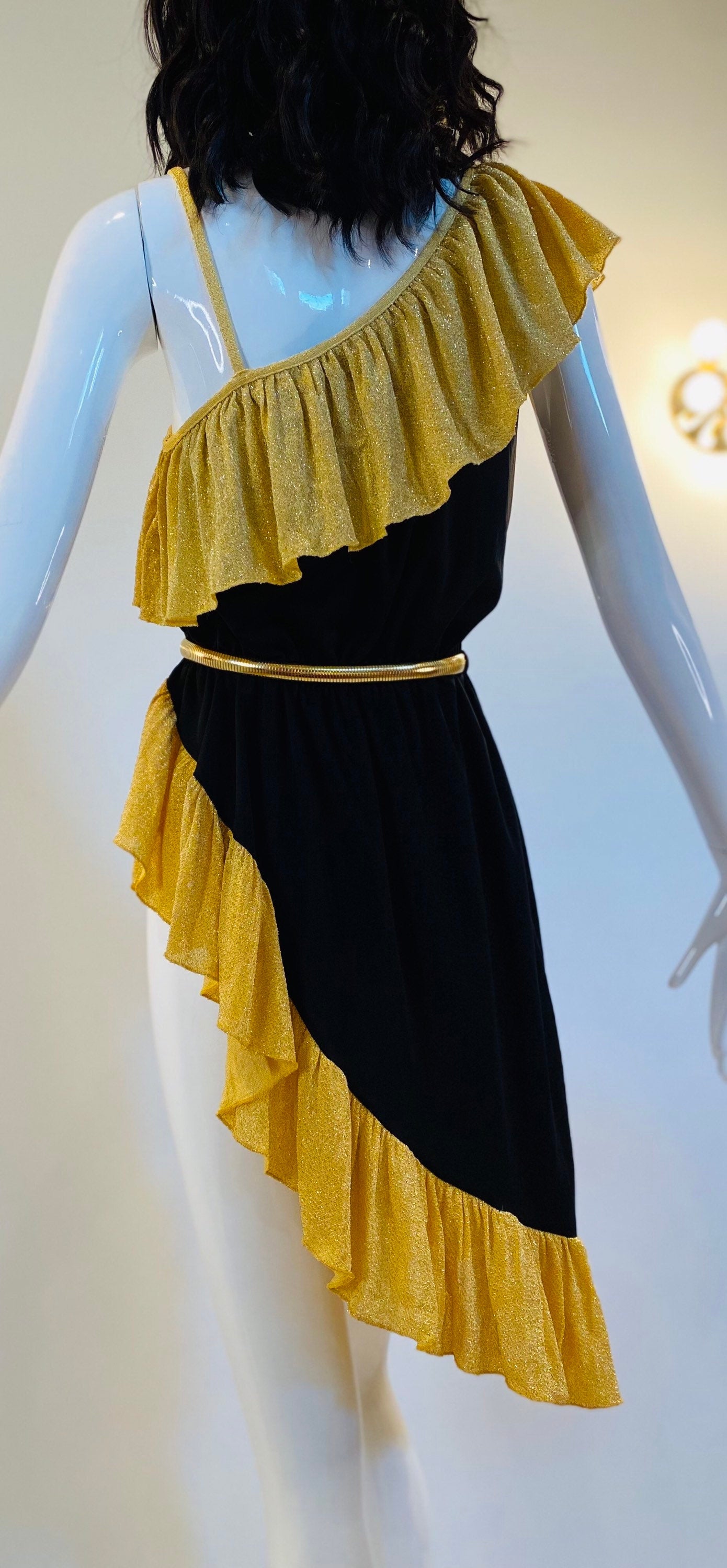 70s Disco Queen Studio 54 Sexy One Shoulder High Side Slit Barely There Party Dress Gold Lurex Nad Black Jersey RARE