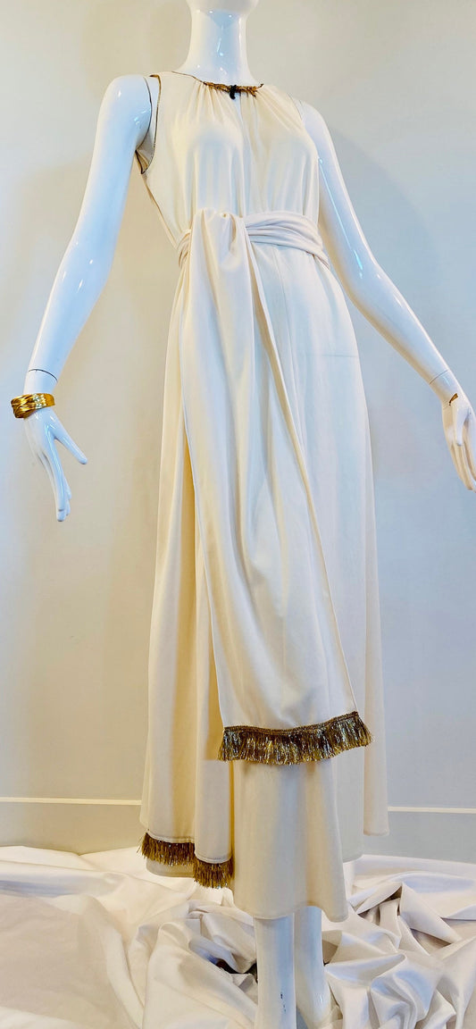 70s OOAK Ivory and Gold Grecian Disco Dress Gown and Sash Ensemble