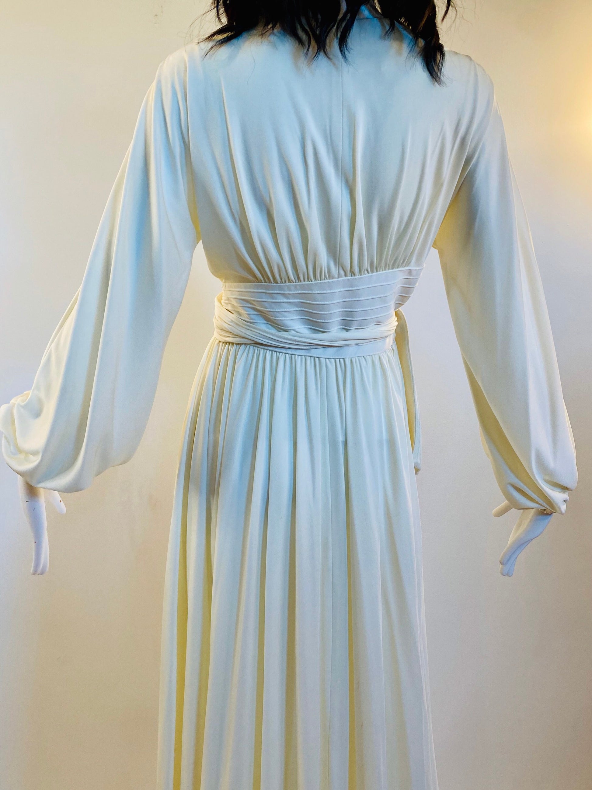 70s DONALD BROOKS White Jersey Dramatic Long Sleeves Midi Wrap Dress