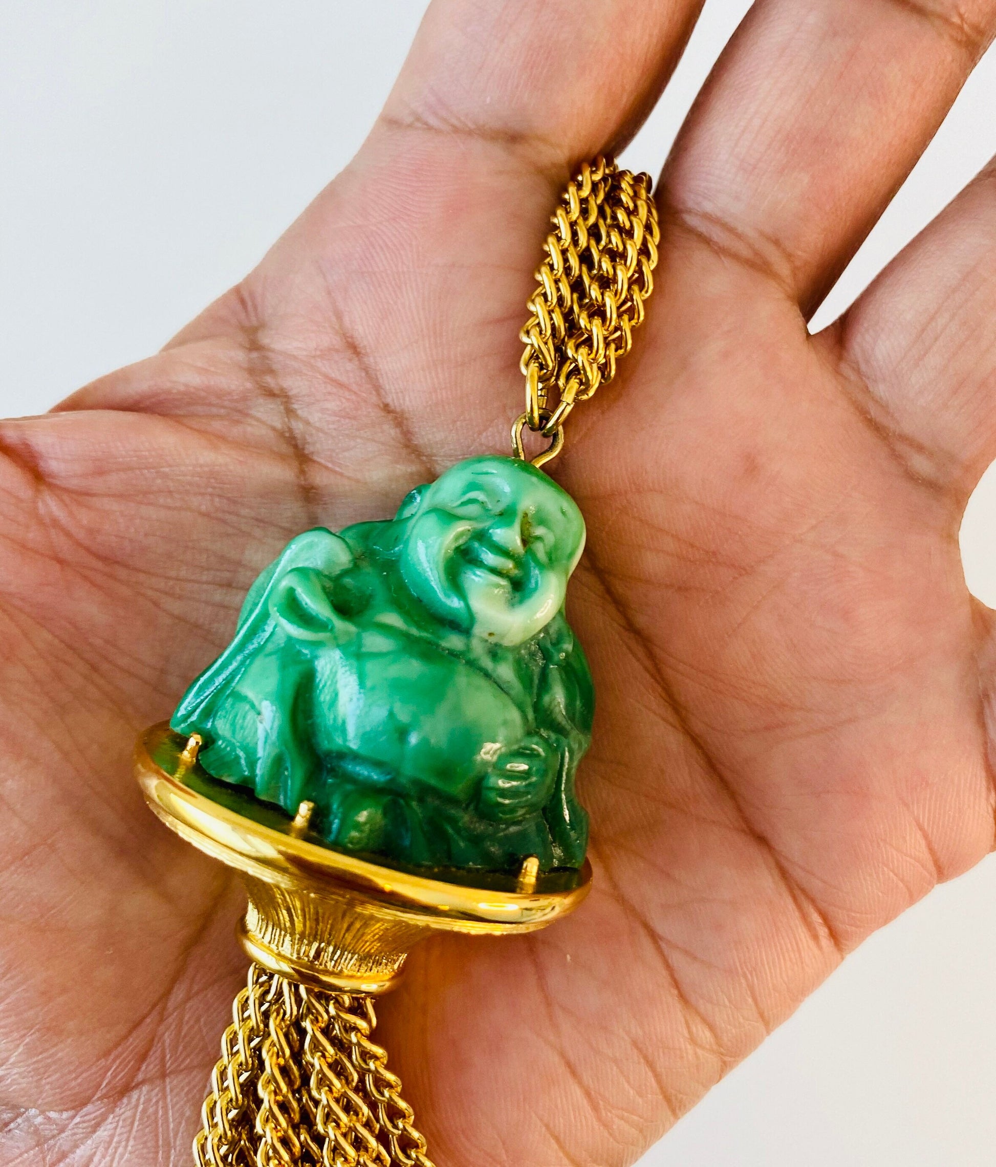 Vintage Pauline Trigere signed Buddha Pendant Gold Chain Statement Necklace