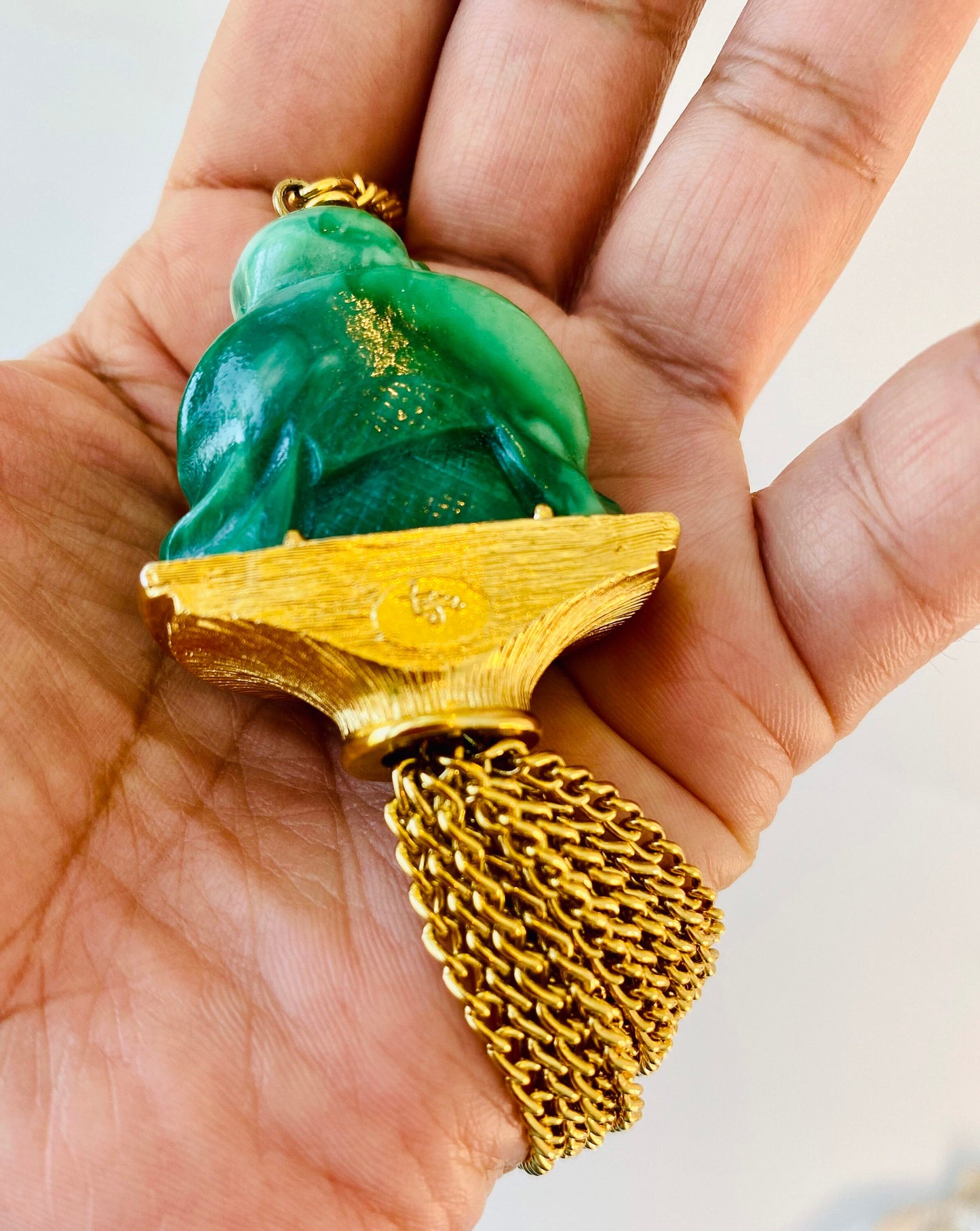 Vintage Pauline Trigere signed Buddha Pendant Gold Chain Statement Necklace