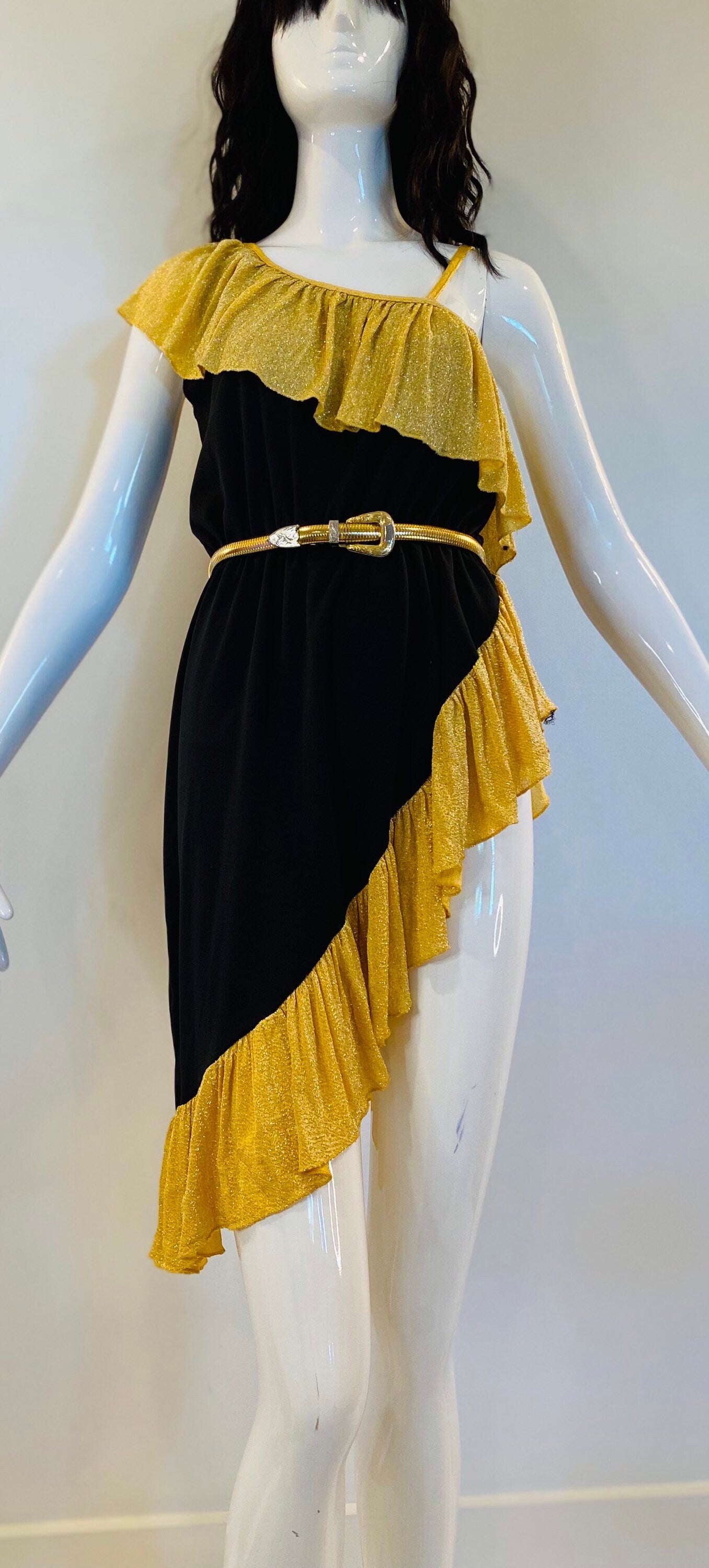70s Disco Queen Studio 54 Sexy One Shoulder High Side Slit Barely There Party Dress Gold Lurex Nad Black Jersey RARE