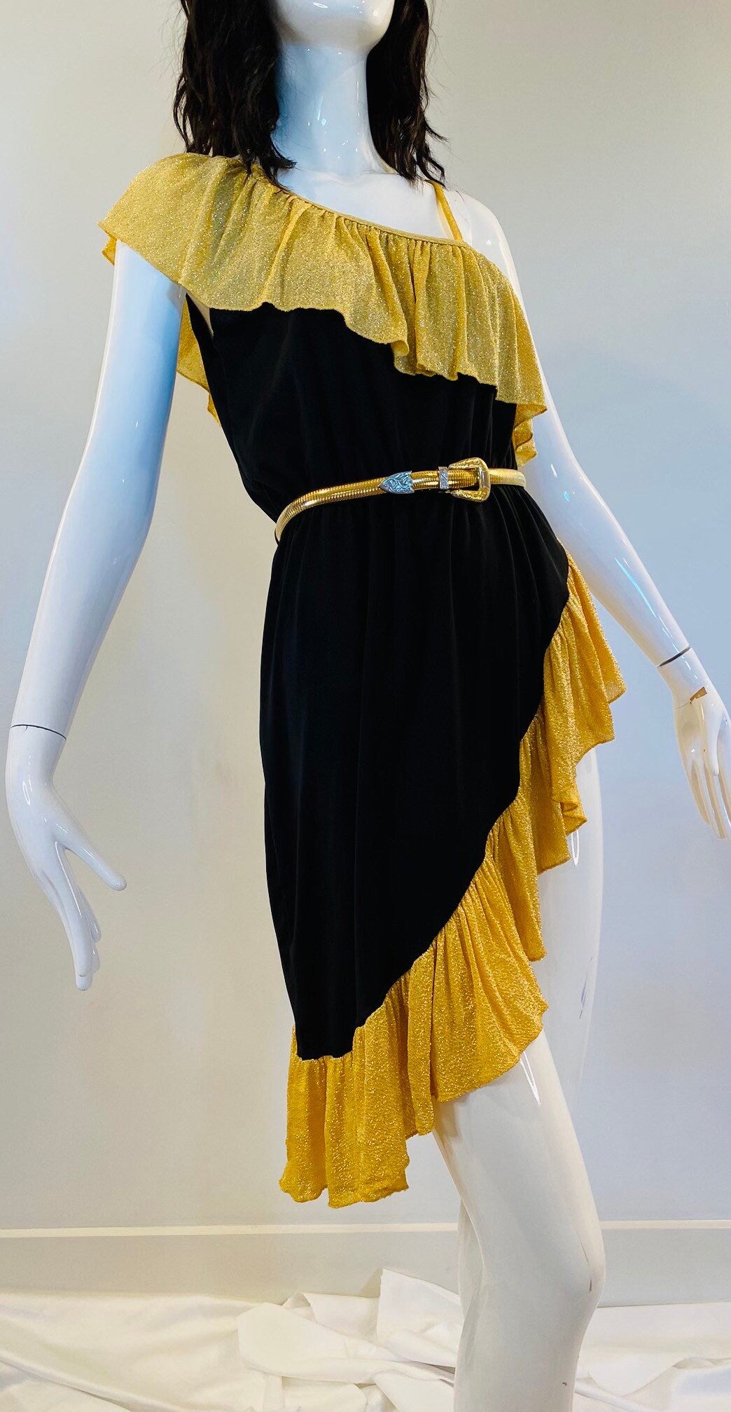 70s Disco Queen Studio 54 Sexy One Shoulder High Side Slit Barely There Party Dress Gold Lurex Nad Black Jersey RARE