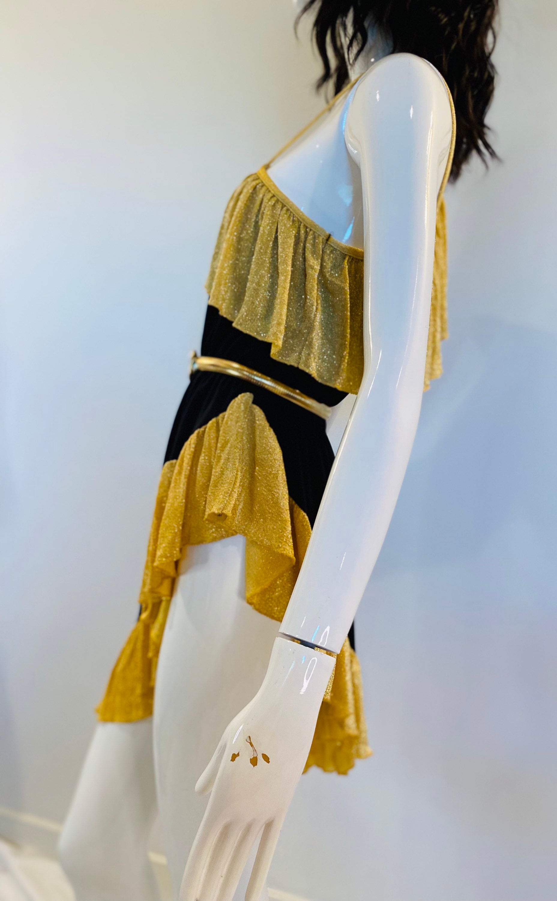 70s Disco Queen Studio 54 Sexy One Shoulder High Side Slit Barely There Party Dress Gold Lurex Nad Black Jersey RARE