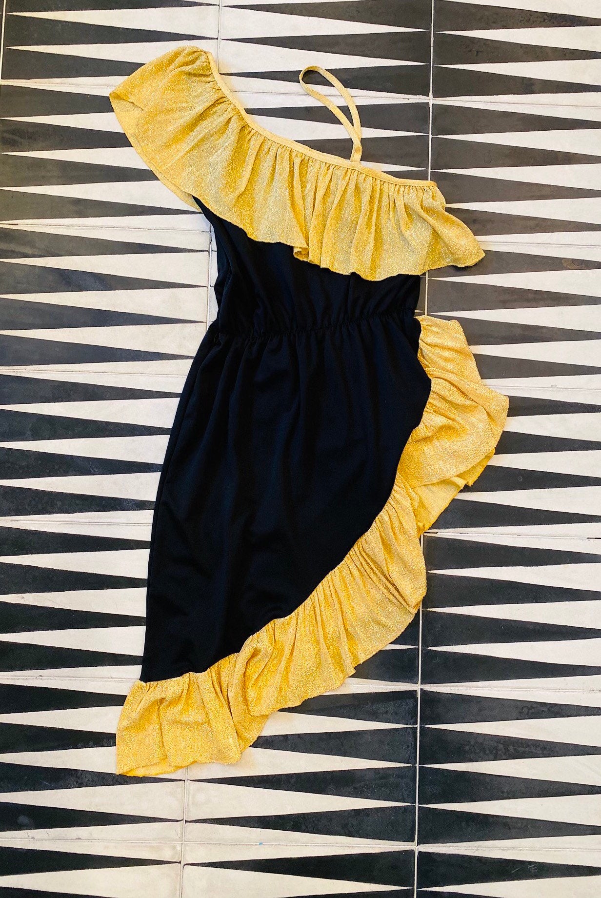 70s Disco Queen Studio 54 Sexy One Shoulder High Side Slit Barely There Party Dress Gold Lurex Nad Black Jersey RARE