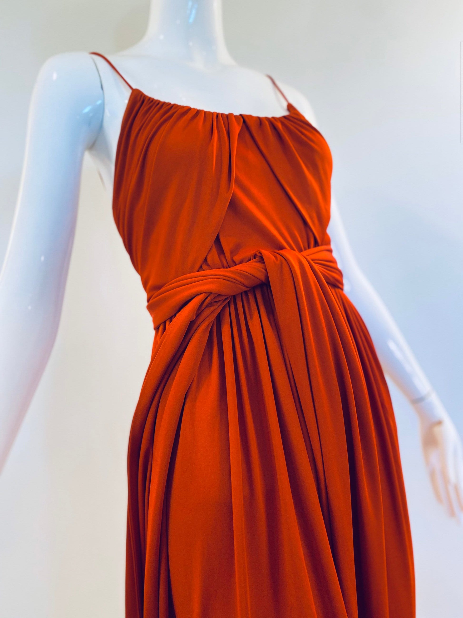 70s Donald Brooks Burned Orange Jersey Sashed Grecian Disco Gown