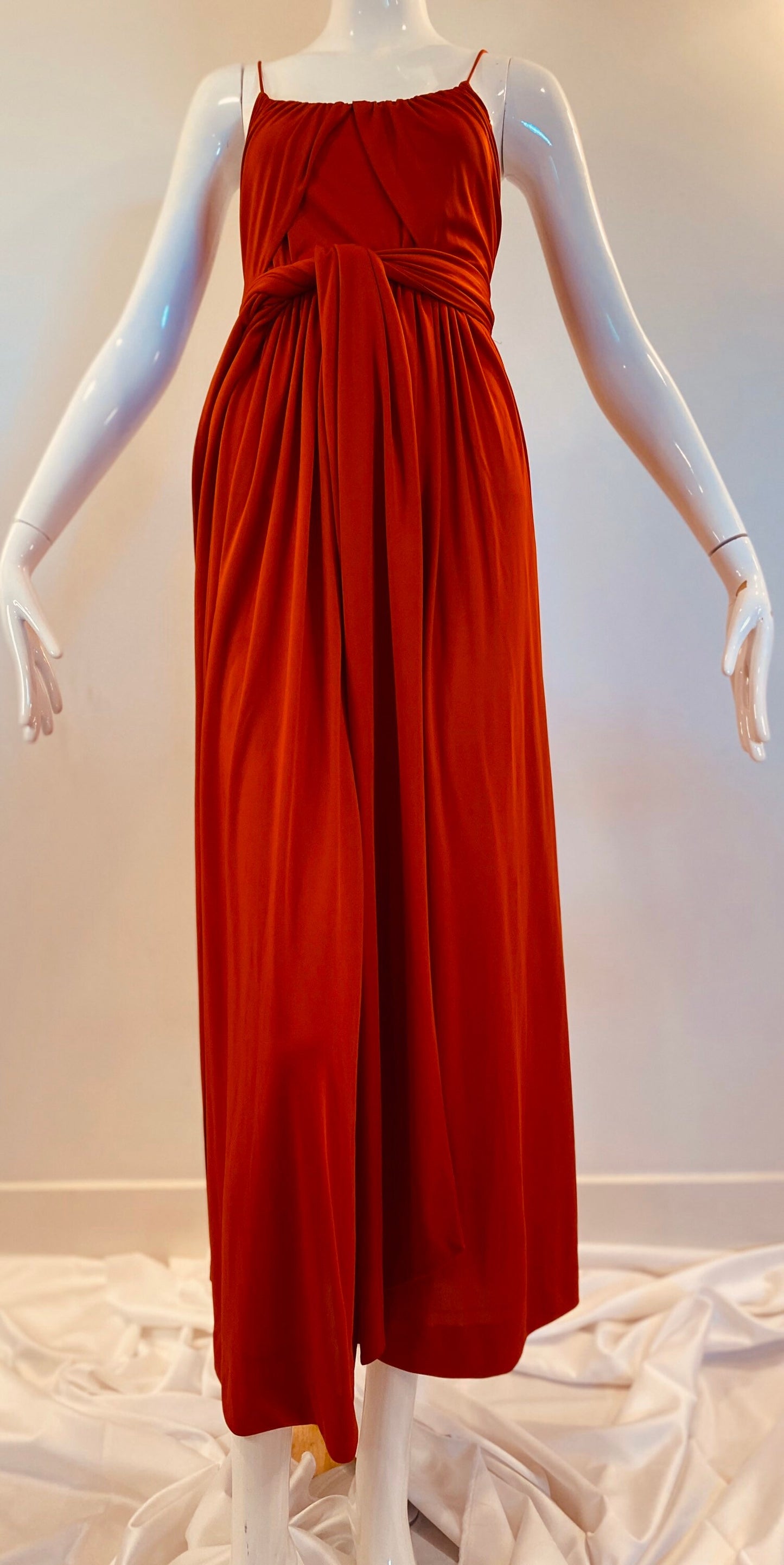 70s Donald Brooks Burned Orange Jersey Sashed Grecian Disco Gown