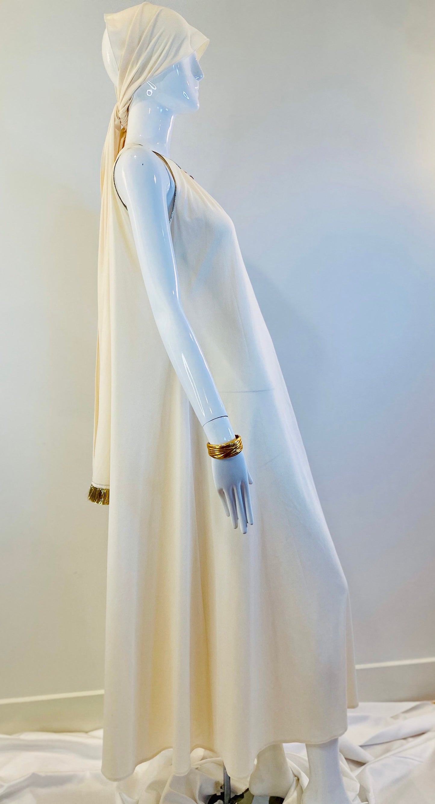 70s OOAK Ivory and Gold Grecian Disco Dress Gown and Sash Ensemble