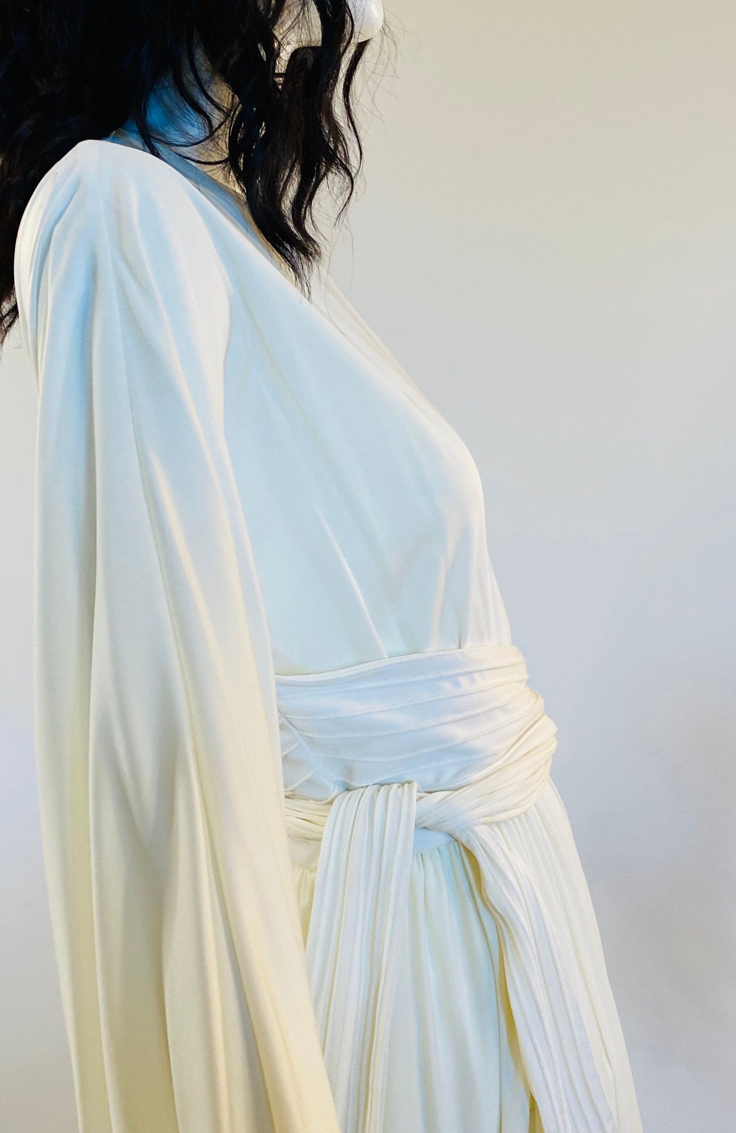 70s DONALD BROOKS White Jersey Dramatic Long Sleeves Midi Wrap Dress