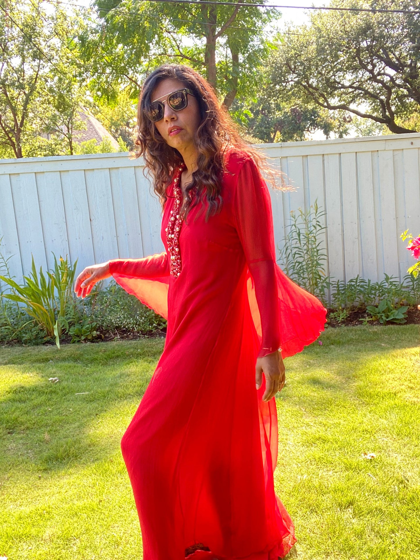 Andrew Gn Red Silk Chiffon Maxi Red Carpet Gown Heavily Beaded Neckline Angel Wings 44