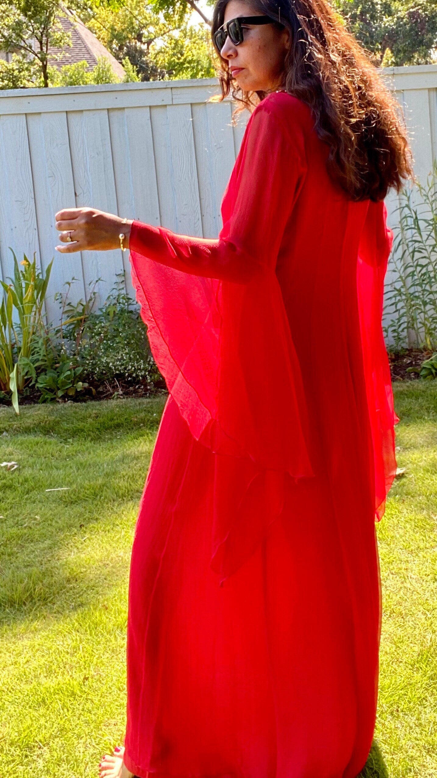 Andrew Gn Red Silk Chiffon Maxi Red Carpet Gown Heavily Beaded Neckline Angel Wings 44