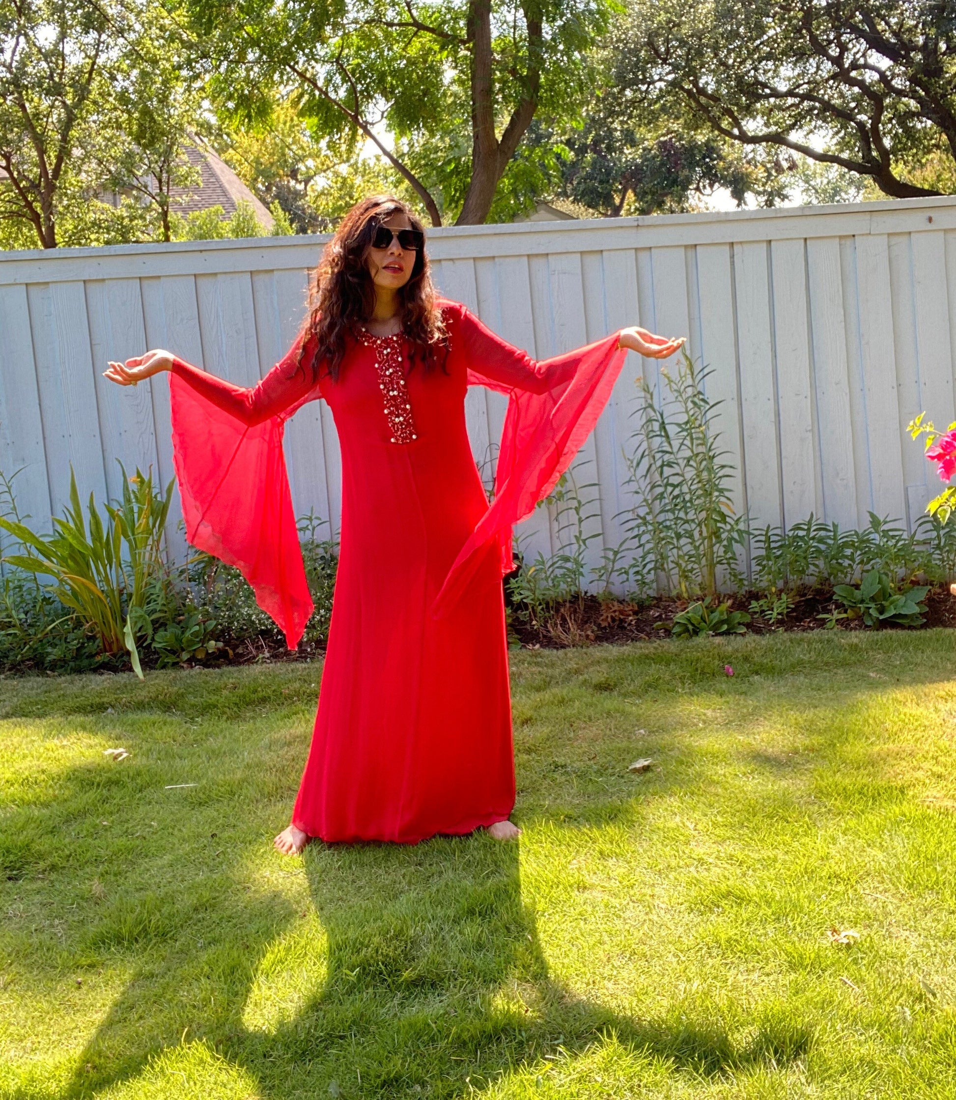 Andrew Gn Red Silk Chiffon Maxi Red Carpet Gown Heavily Beaded Neckline Angel Wings 44