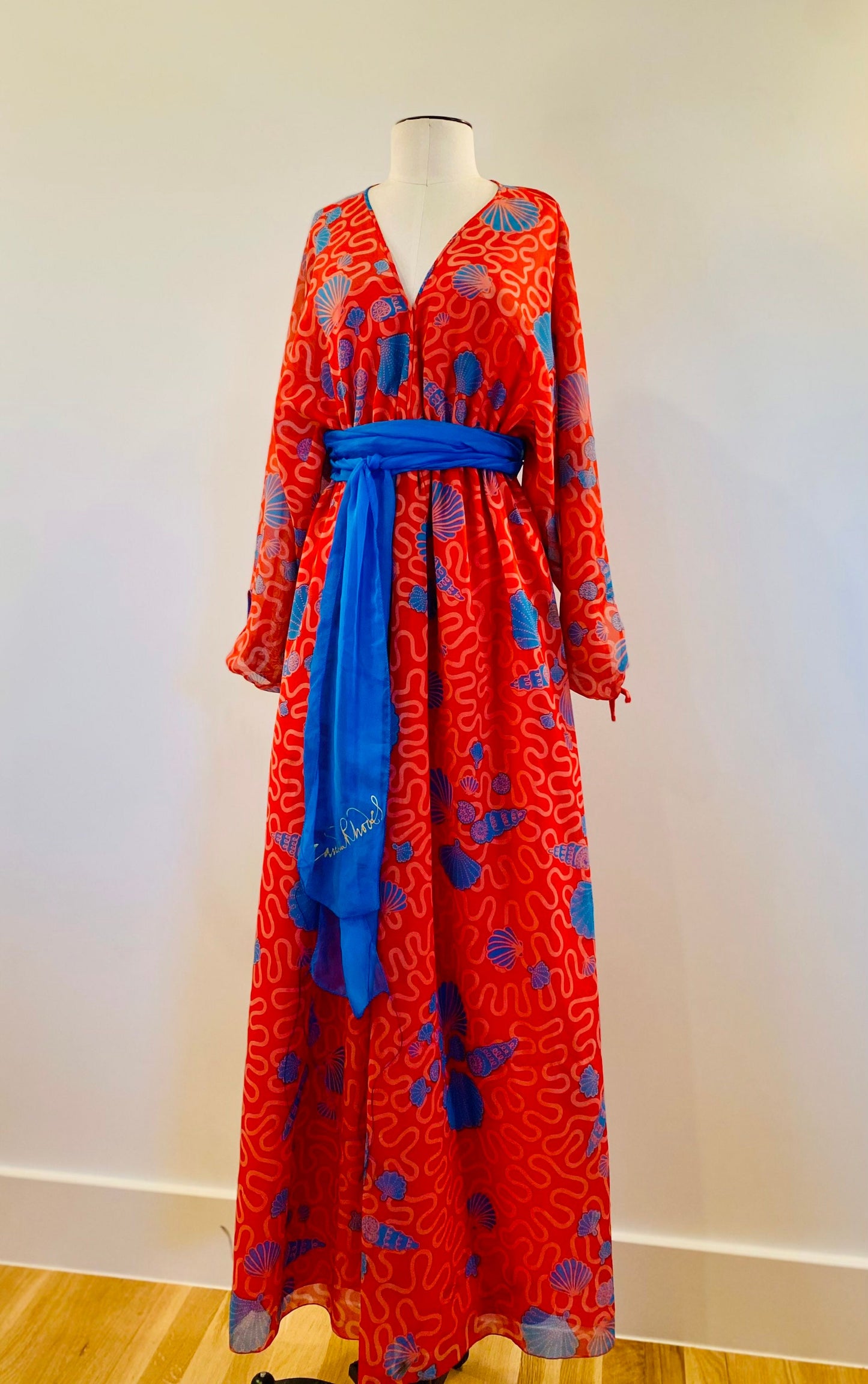 Zandra RHODES 70s Red Chiffon Wiggle Shell Maxi Dress Gown Signed Sash