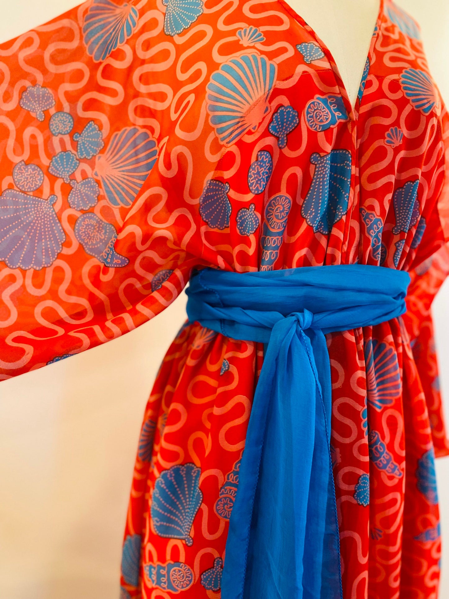 Zandra RHODES 70s Red Chiffon Wiggle Shell Maxi Dress Gown Signed Sash