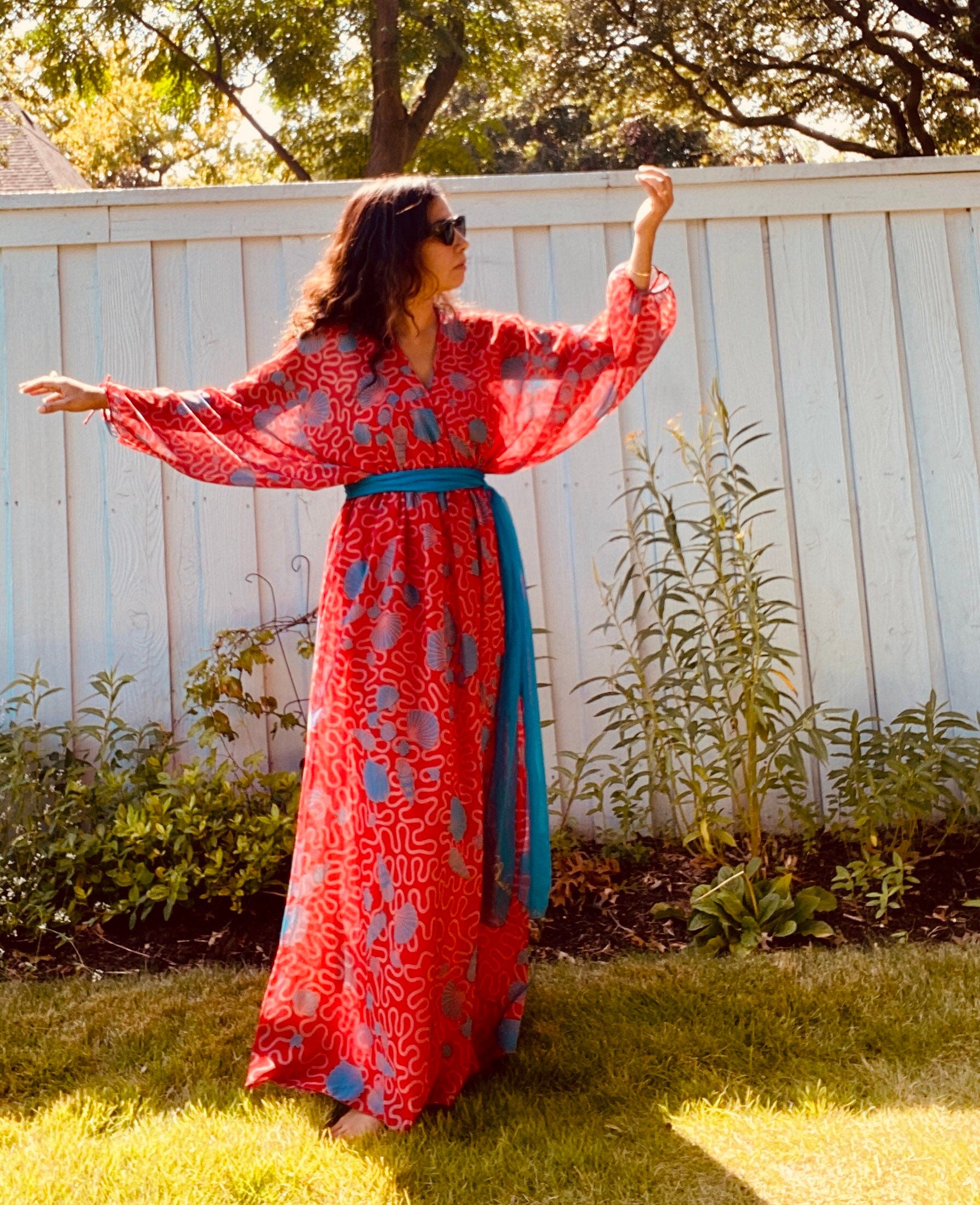 Zandra RHODES 70s Red Chiffon Wiggle Shell Maxi Dress Gown Signed Sash